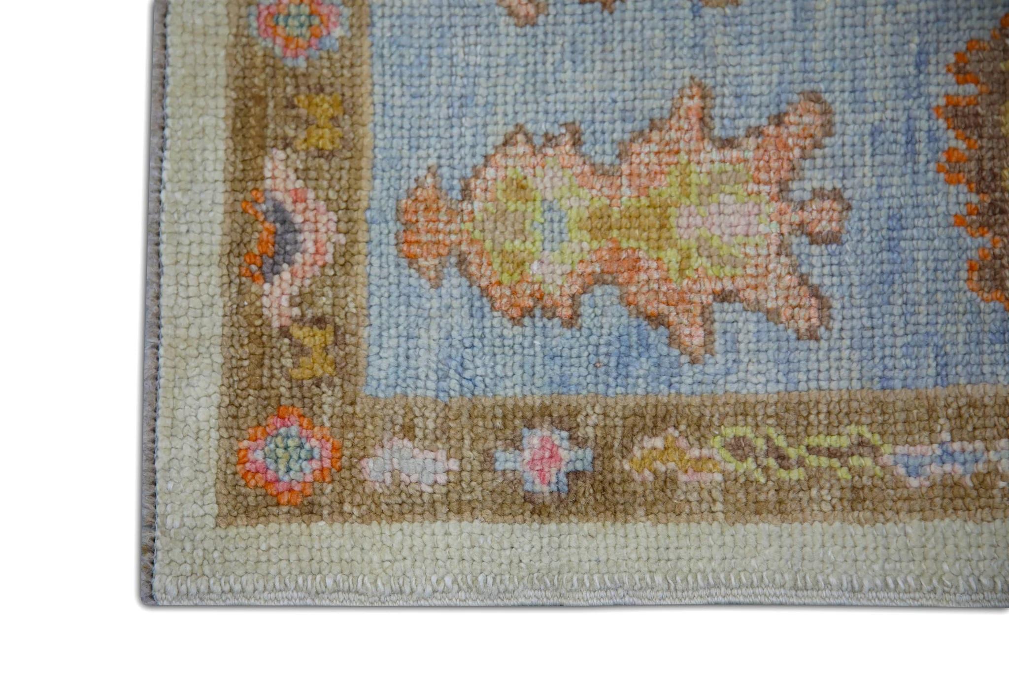 Vegetable Dyed Blue and Pink Floral Design Handwoven Wool Turkish Oushak Rug 6'2