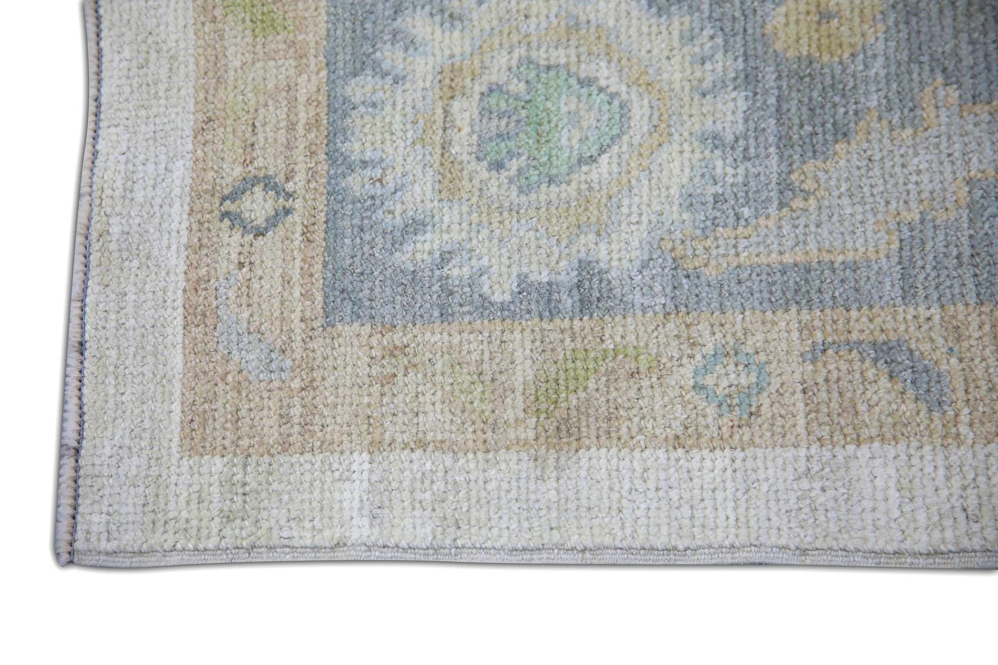 Vegetable Dyed Blue Multicolor Handwoven Wool Turkish Oushak Rug in Floral Design 6'1