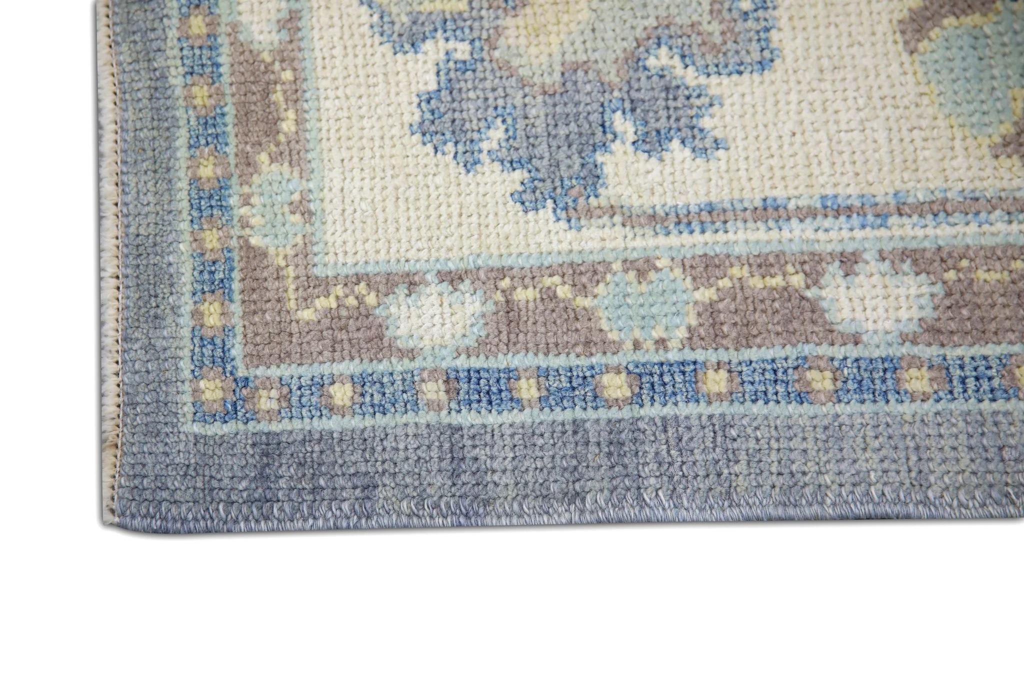 Vegetable Dyed Blue Handwoven Wool Turkish Oushak Rug in Mauve Floral Design 6'6