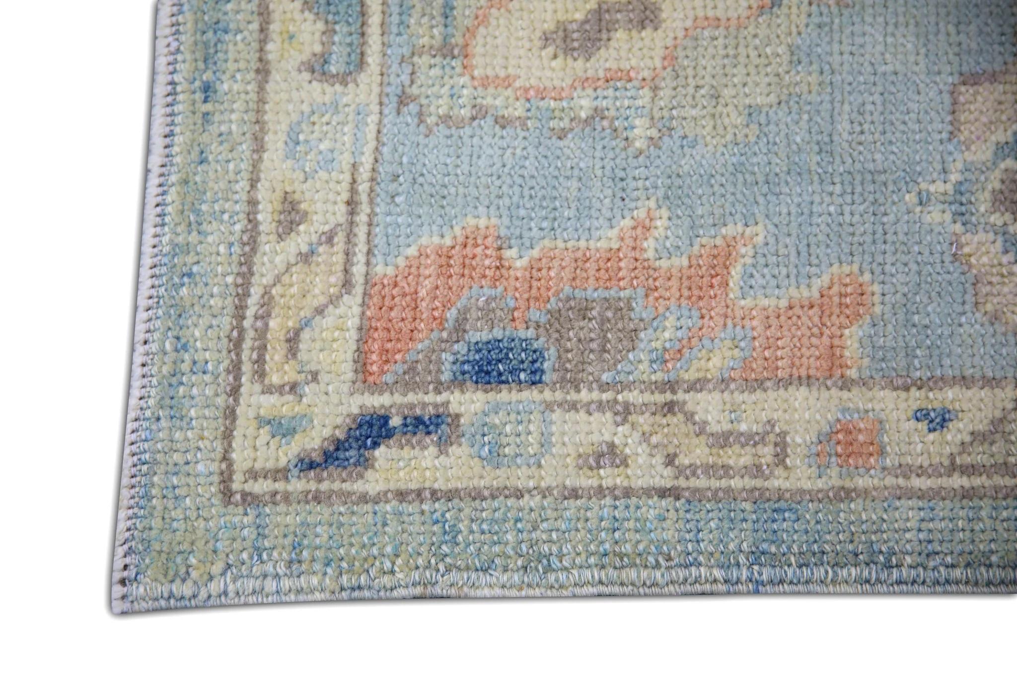 Vegetable Dyed Blue and Salmon Handwoven Wool Turkish Oushak Rug in Floral Design 6'5