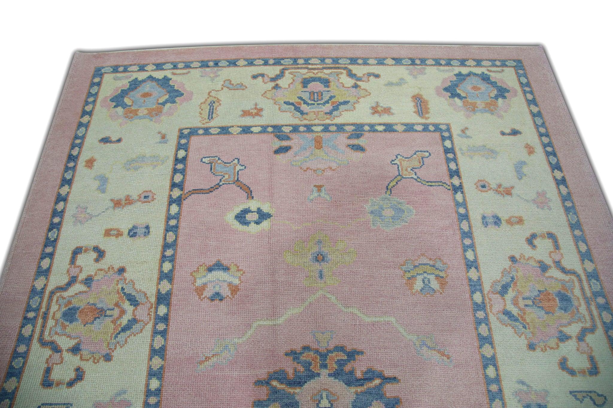Pink and Blue Floral Design Handwoven Wool Modern Turkish Oushak Rug 6'4