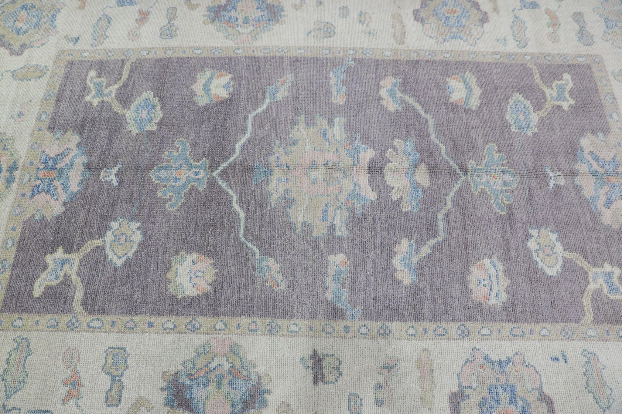 Vegetable Dyed Purple Handwoven Wool Turkish Oushak Rug in Blue Floral Design 6'3