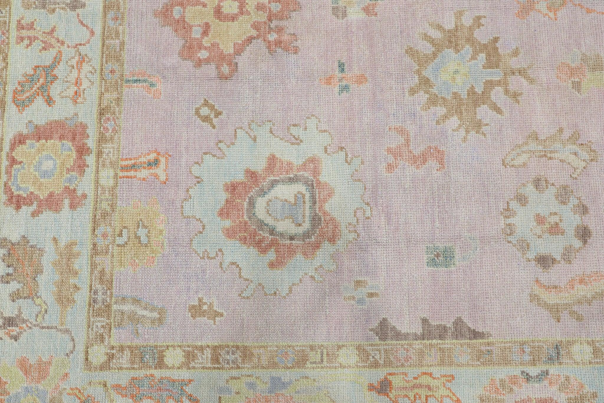 Vegetable Dyed Pink and Blue Floral Design Handwoven Wool Turkish Oushak Rug 6'2