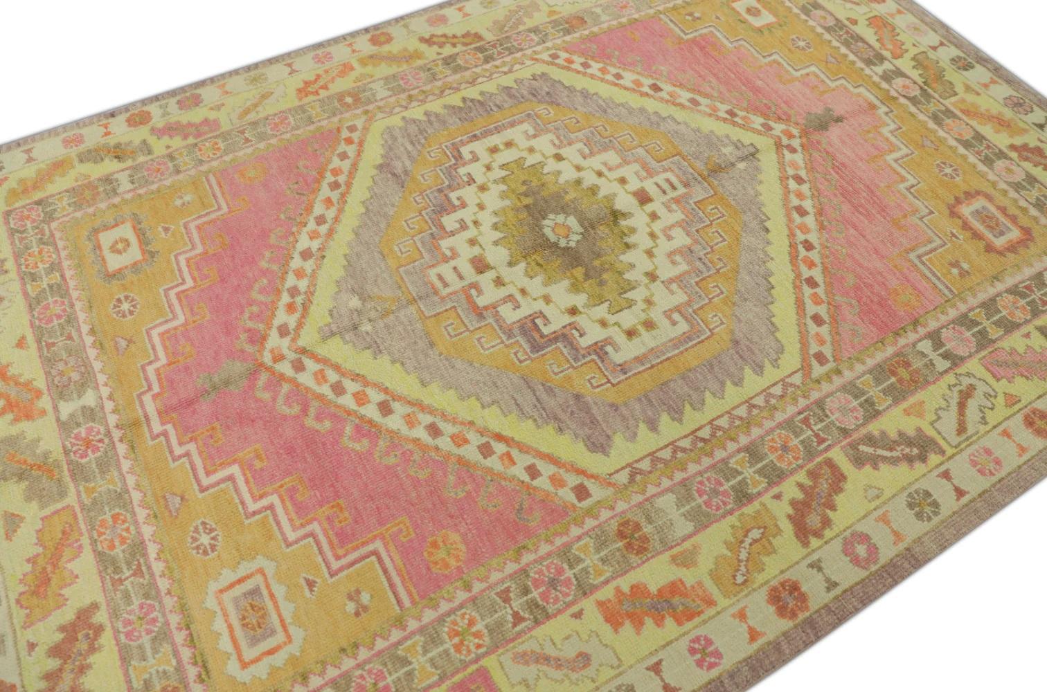 Vegetable Dyed Pink & Yellow Medallion Design Handwoven Wool Turkish Oushak Rug 6' x 9' For Sale
