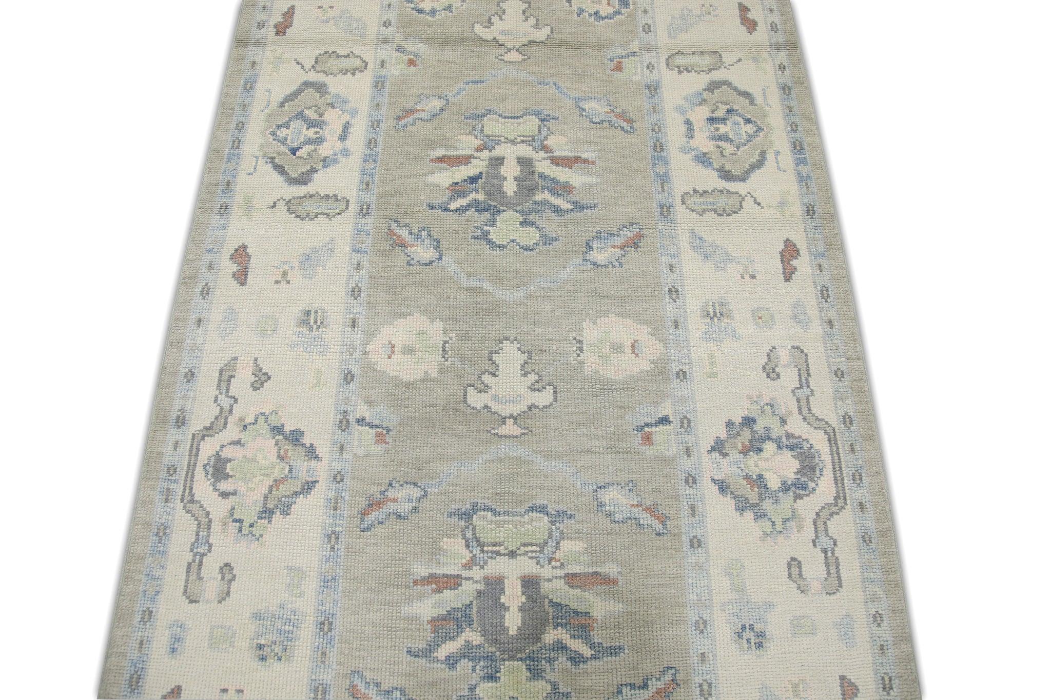 Vegetable Dyed Green and Blue Floral Handwoven Wool Turkish Oushak Rug 4' x 9'10
