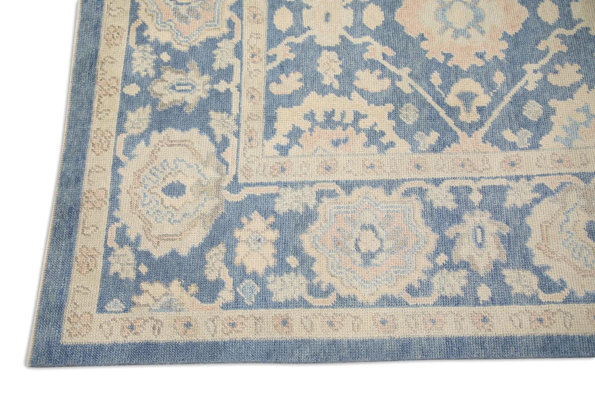 Vegetable Dyed Blue & Pink Handwoven Wool Turkish Oushak Rug in Floral Pattern 8'1