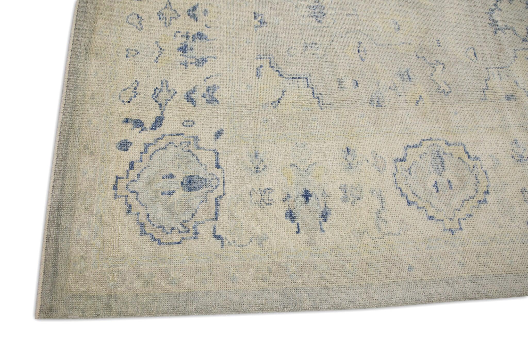 Vegetable Dyed Cream Handwoven Wool Turkish Oushak Rug in Blue Floral Design 8'1