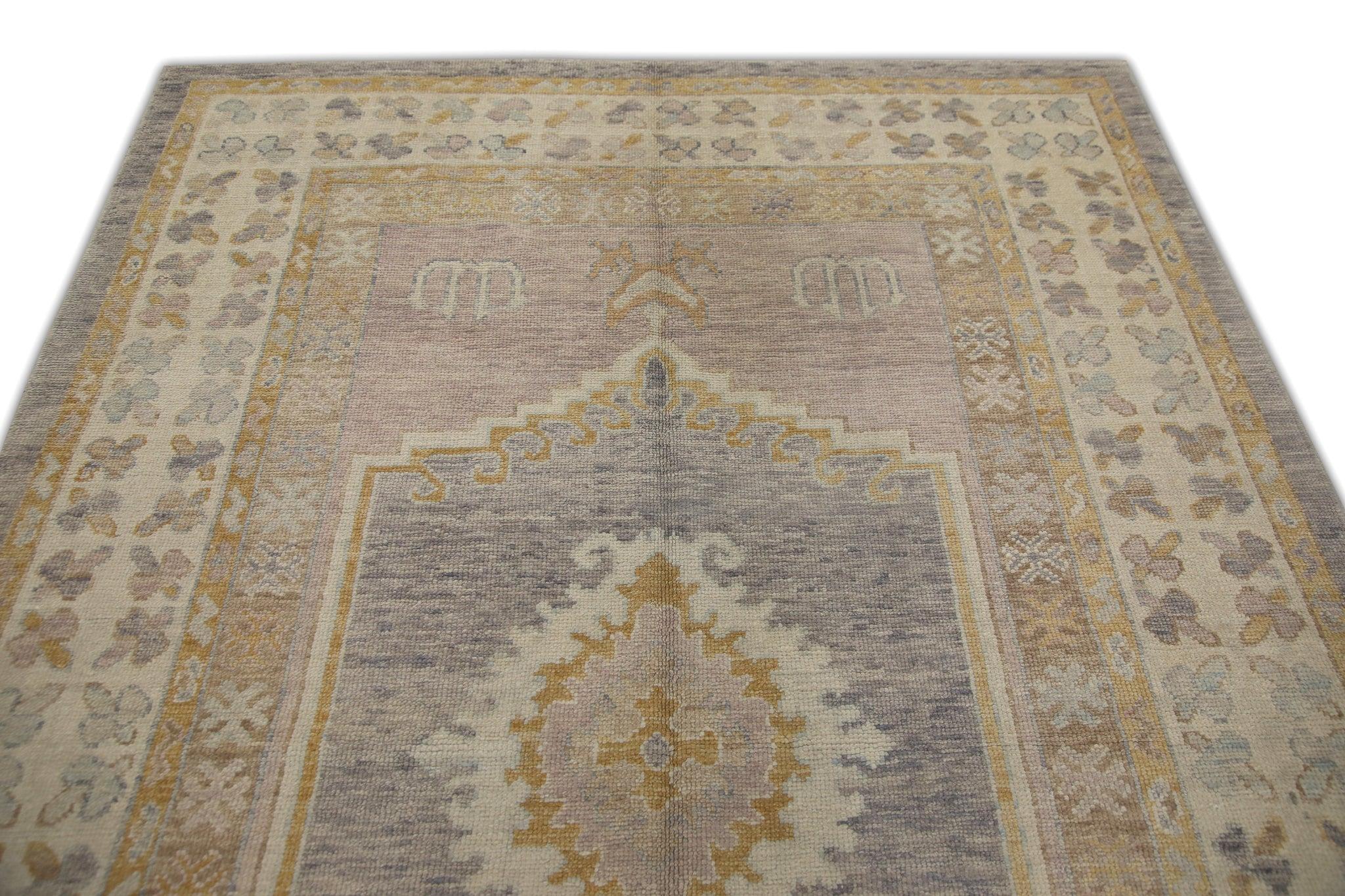 Pink and Purple Medallion Design Handwoven Wool Turkish Oushak Rug 6' x 9'3
