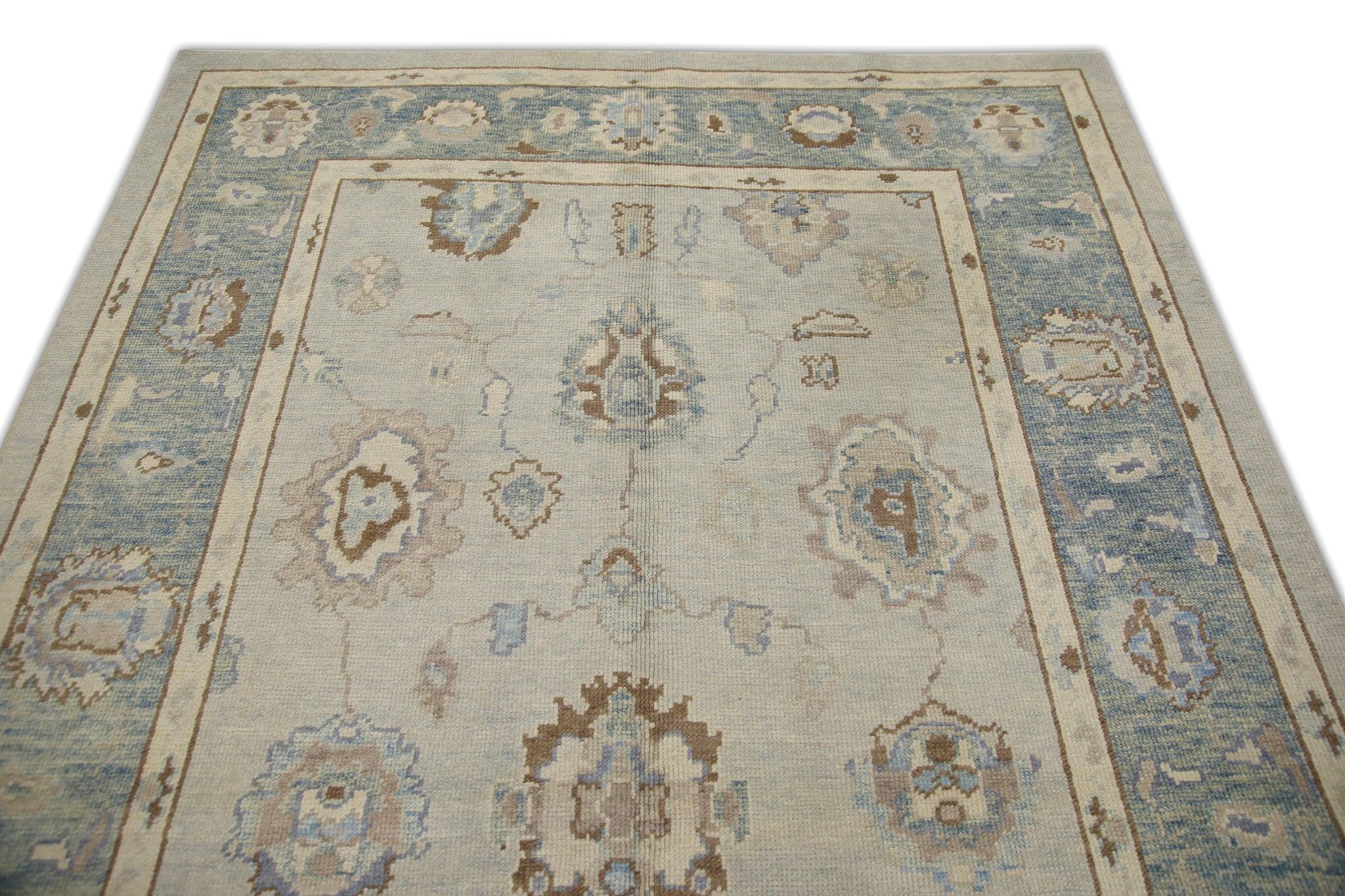 Blue and Brown Handwoven Wool Turkish Oushak Rug in Floral Pattern 6' x 9'1