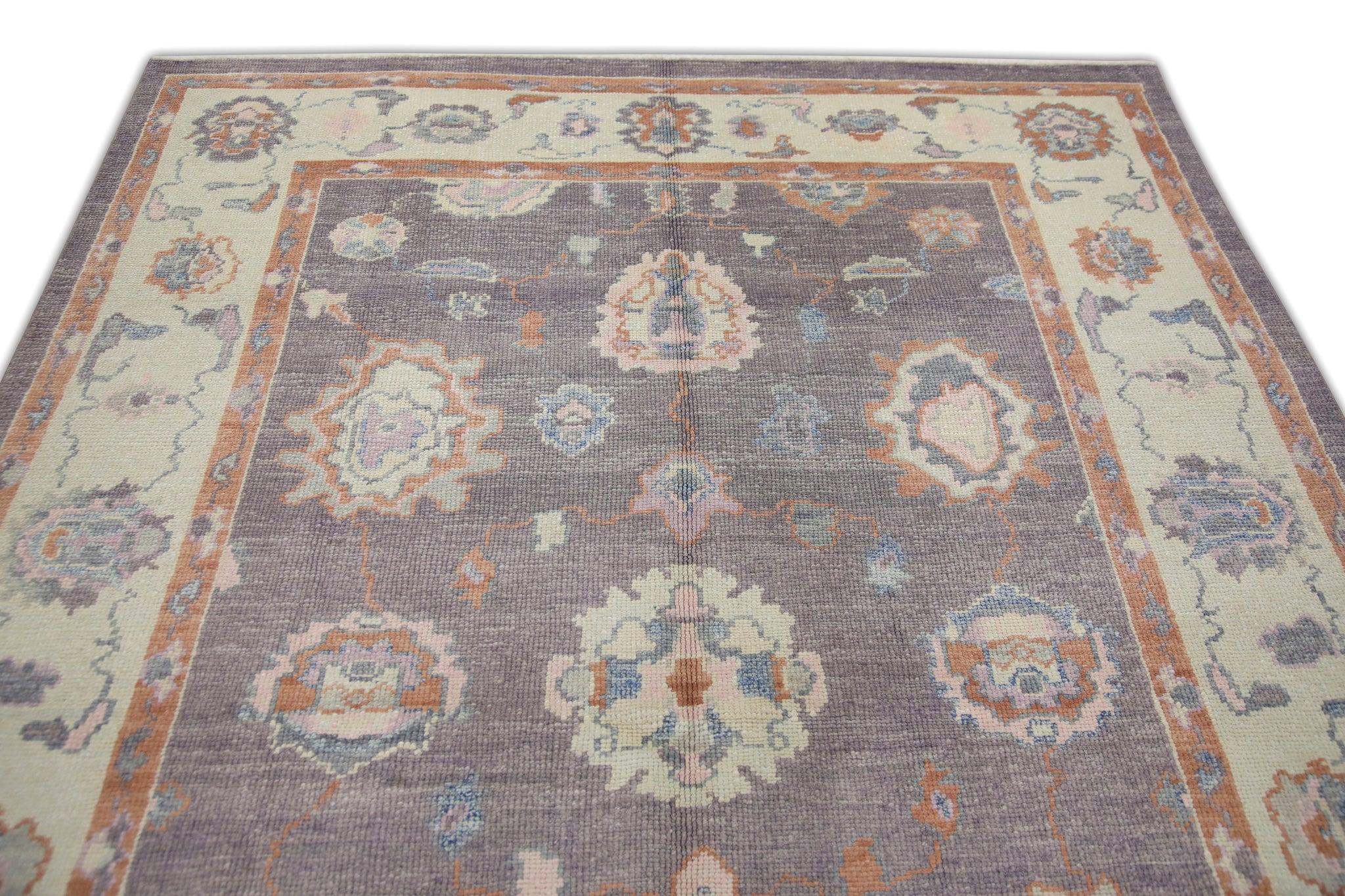 Purple and Red Floral Design Handwoven Wool Turkish Oushak Rug 6'2
