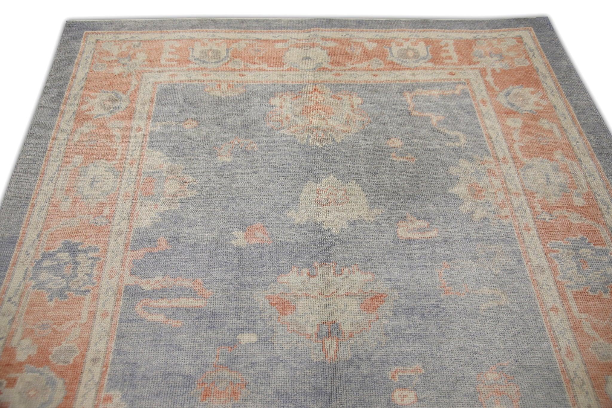 Handwoven Wool Turkish Oushak Rug in Red & Blue Floral Design 6'3
