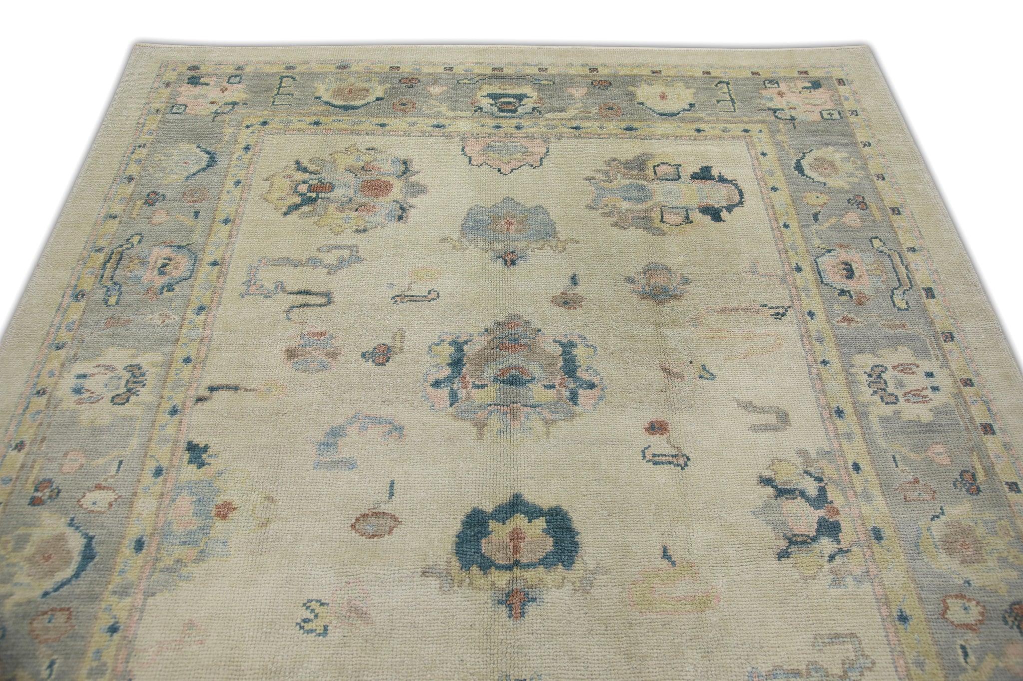 Cream Handwoven Wool Turkish Oushak Rug in Pink & Blue Floral Design 6'1