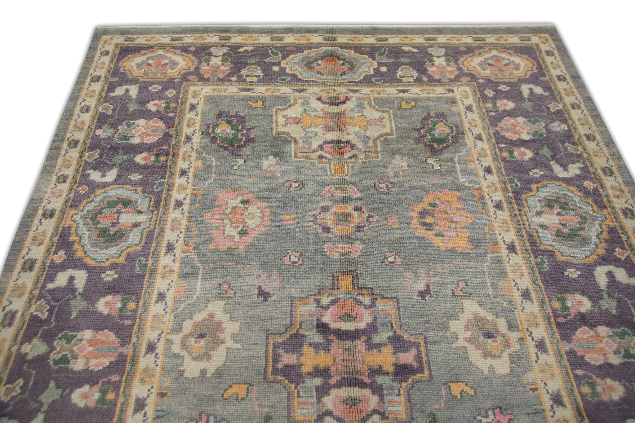 Purple and Pink Floral Design Handwoven Wool Turkish Oushak Rug 6'4