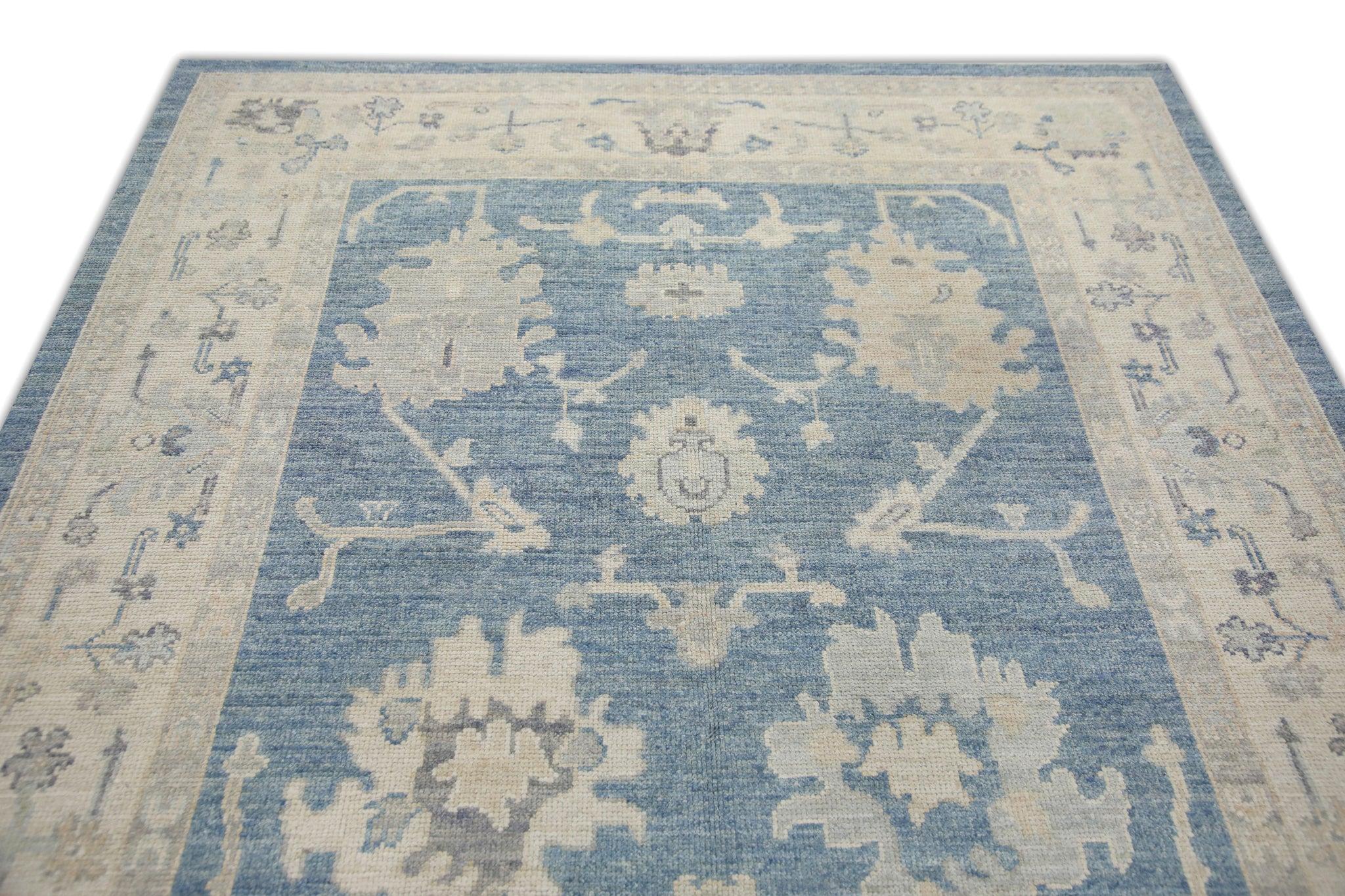 Alfombra Oushak Turca de Lana Tejida a Mano con Diseño Floral Azul 6'2