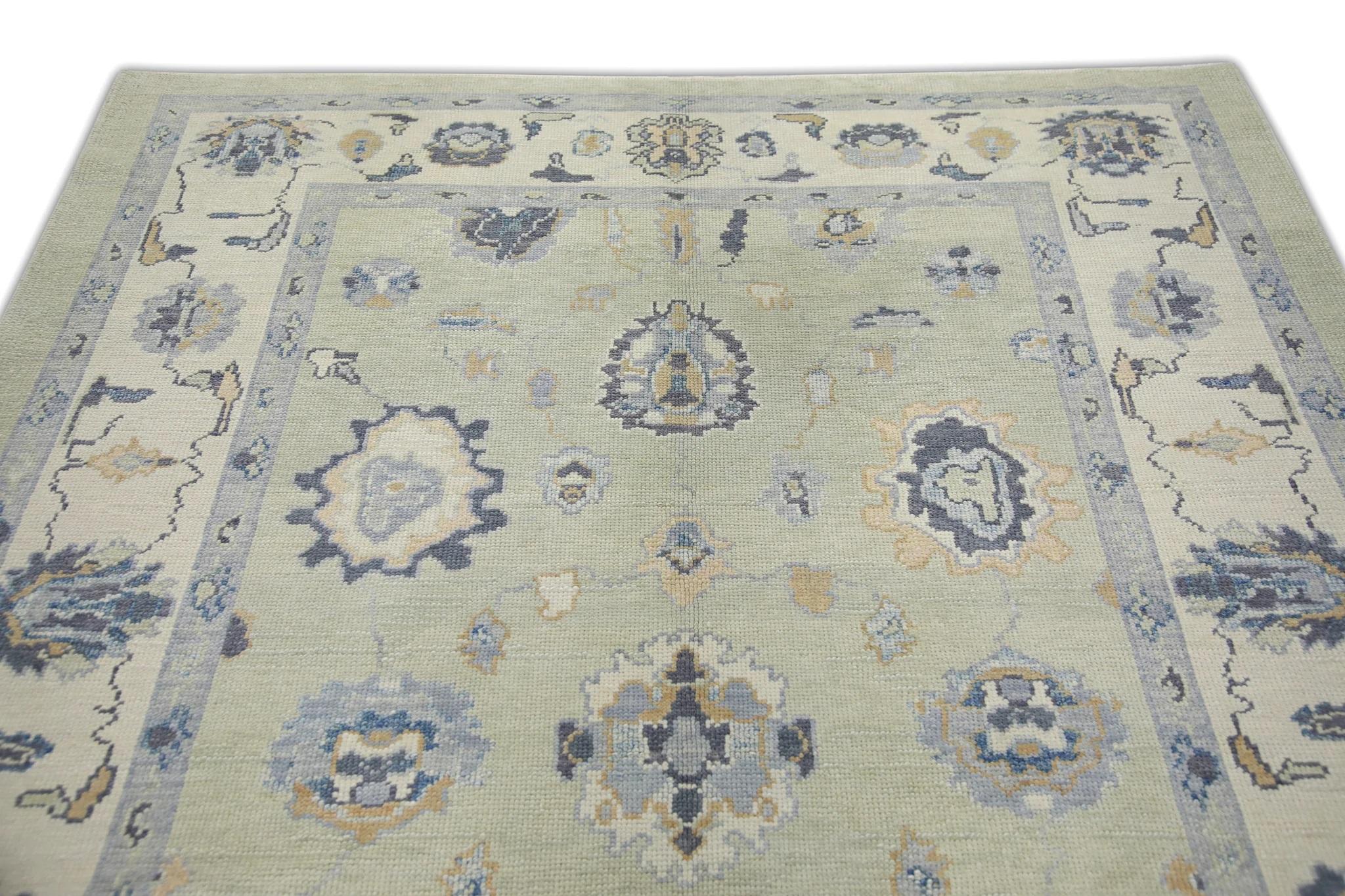 Green and Blue Floral Design Handwoven Wool Turkish Oushak Rug 6'3