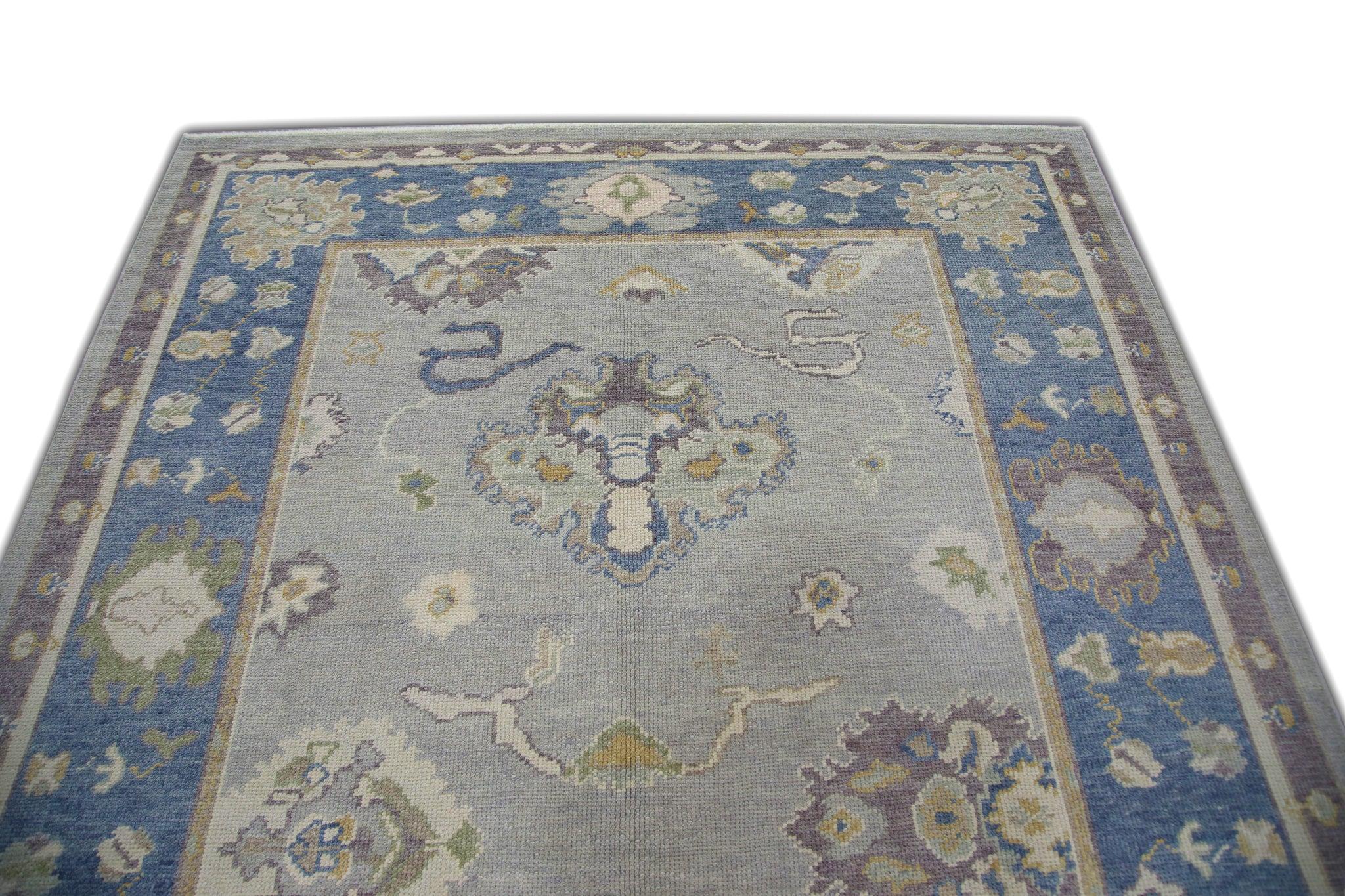 Blue and Purple Floral Handwoven Wool Turkish Oushak Rug 6'4