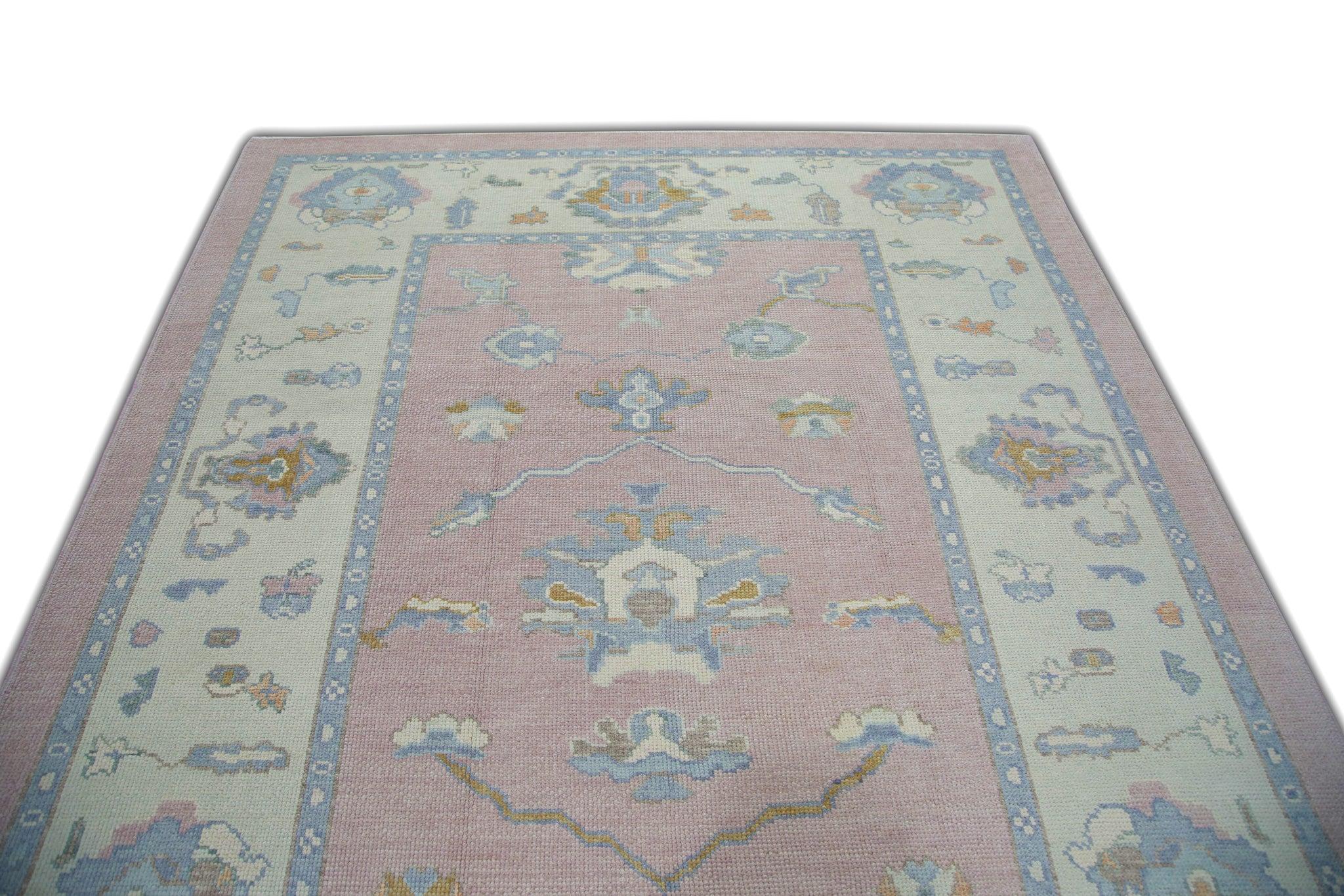 Pink and Blue Handwoven Wool Floral Design Turkish Oushak Rug 6'5