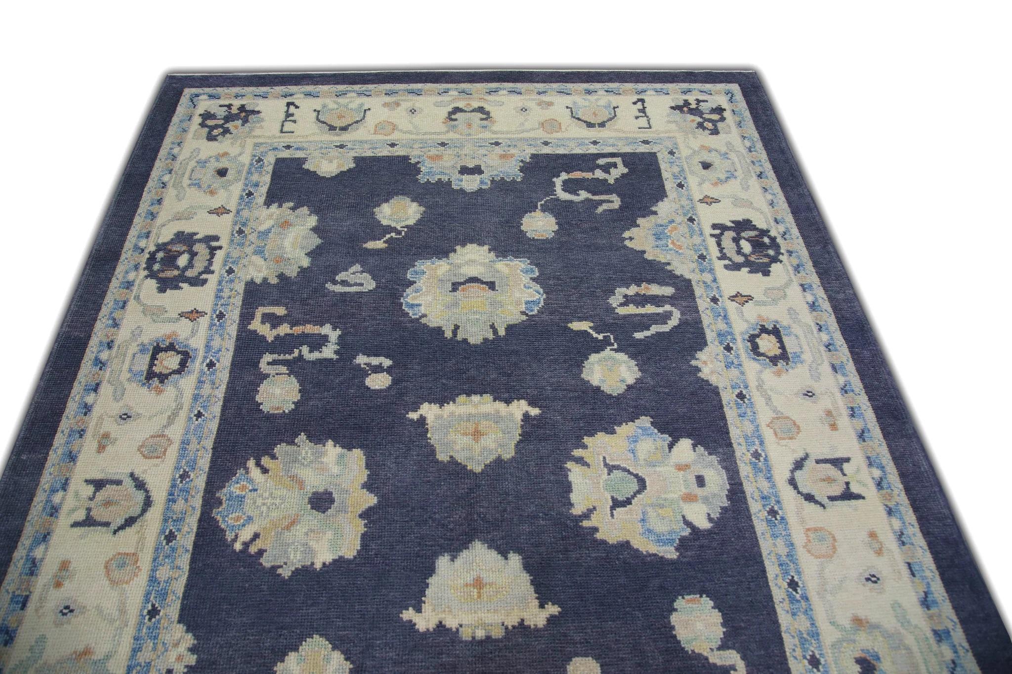 Dark Blue Floral Design Handwoven Wool Turkish Oushak Rug 6' x 9'2
