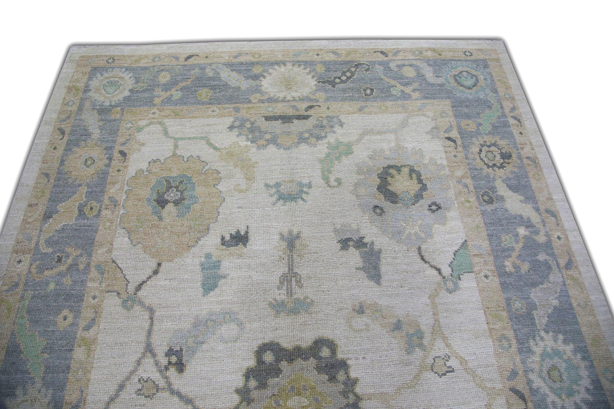 Blue Multicolor Handwoven Wool Turkish Oushak Rug in Floral Design 6'1