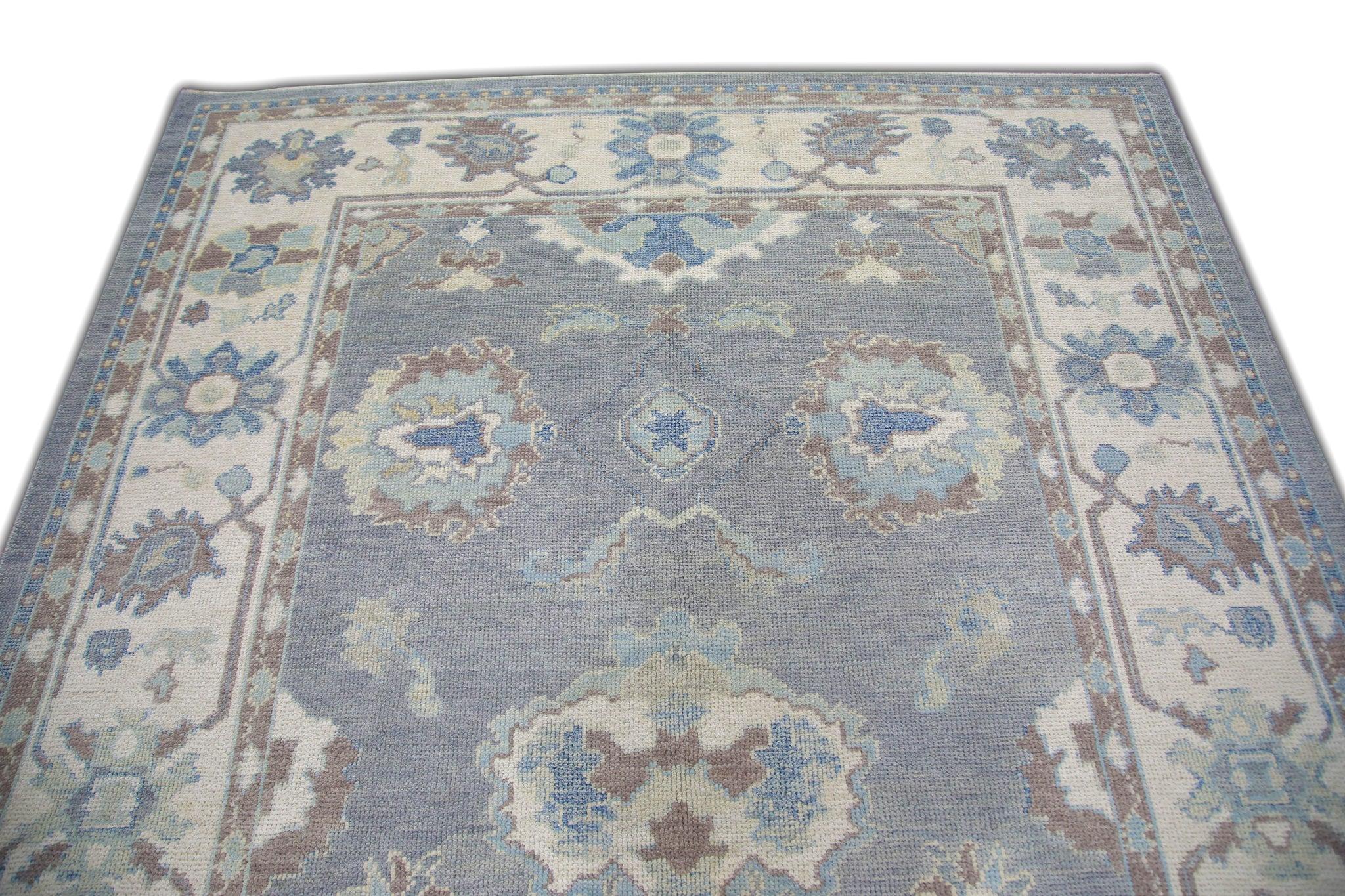 Blue Handwoven Wool Turkish Oushak Rug in Mauve Floral Design 6'6