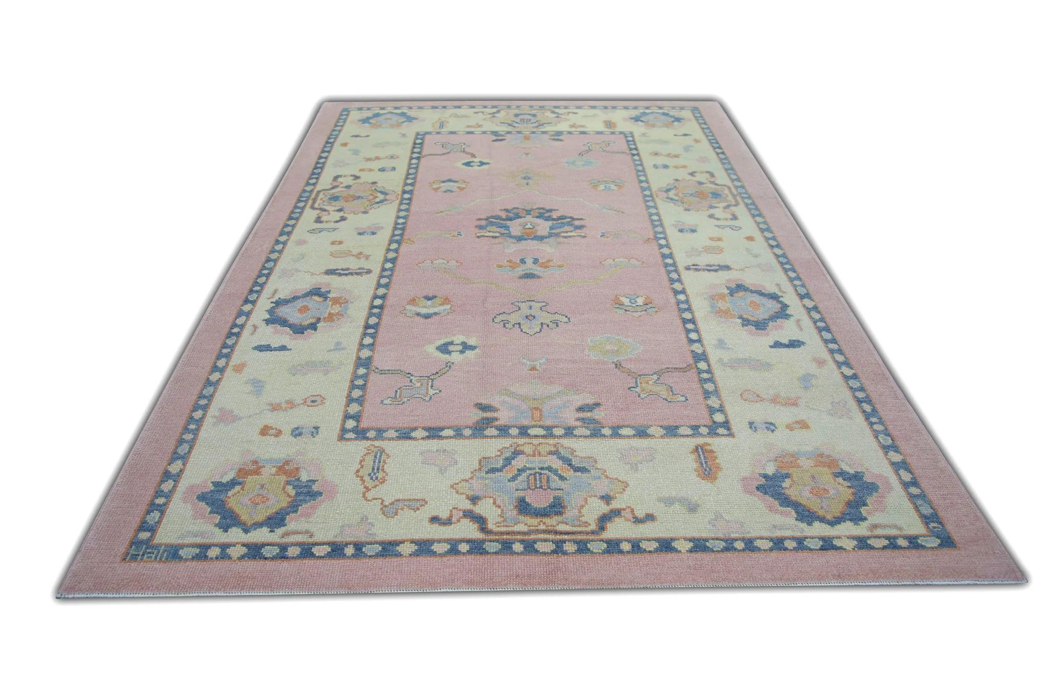 Contemporary Pink and Blue Floral Design Handwoven Wool Modern Turkish Oushak Rug 6'4