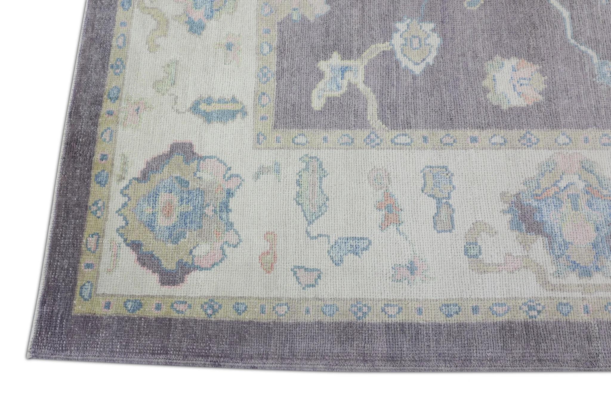 Purple Handwoven Wool Turkish Oushak Rug in Blue Floral Design 6'3