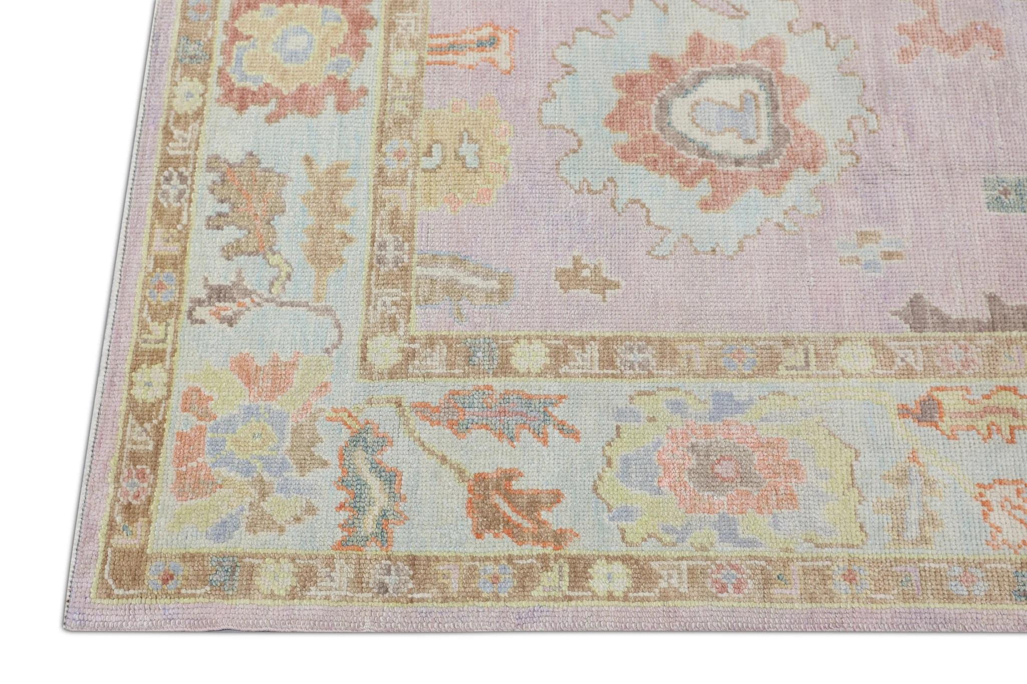 Pink and Blue Floral Design Handwoven Wool Turkish Oushak Rug 6'2