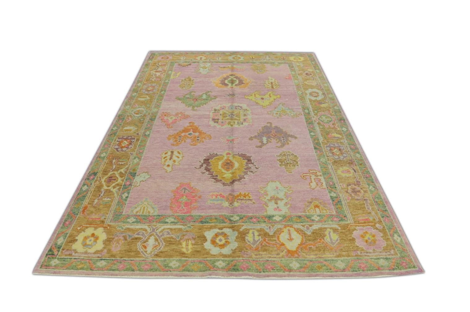 Alfombra Oushak Turca de Lana Floral Tejida a Mano Rosa y Naranja 6' x 8'10 Teñido con vegetales en venta