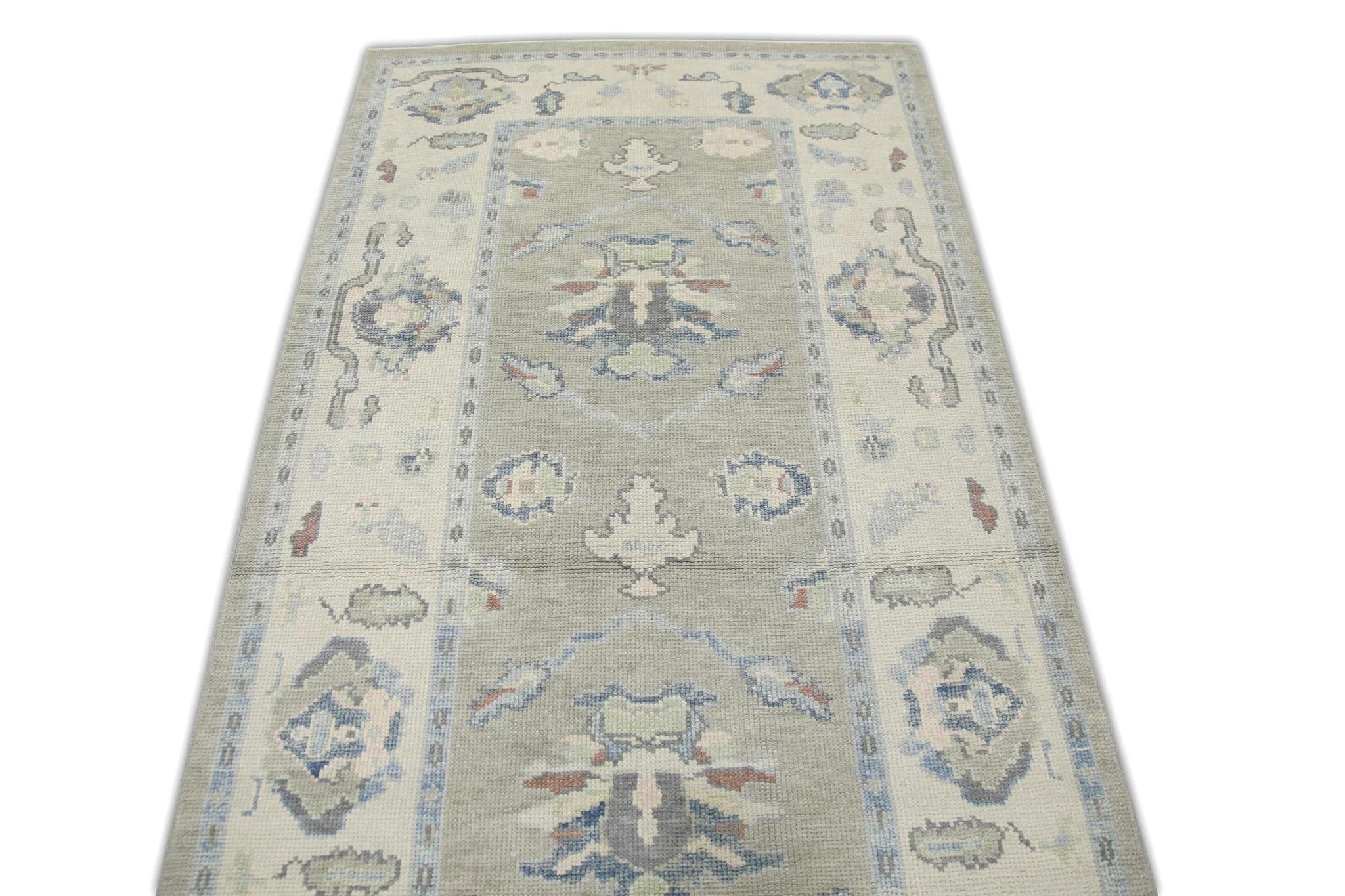 Green and Blue Floral Handwoven Wool Turkish Oushak Rug 4' x 9'10