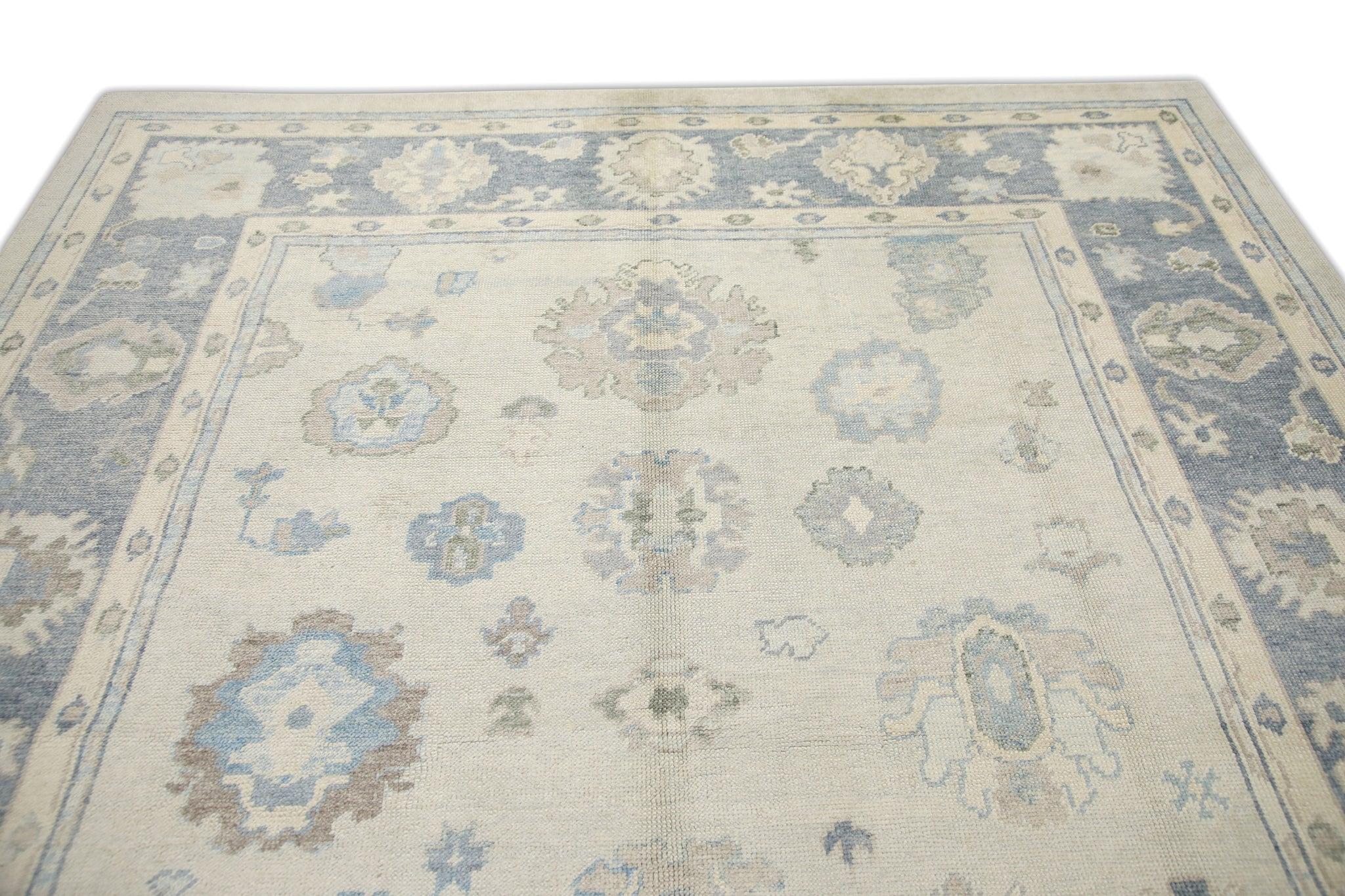 Cream Handwoven Wool Turkish Oushak Rug in Blue Floral Design 8'3