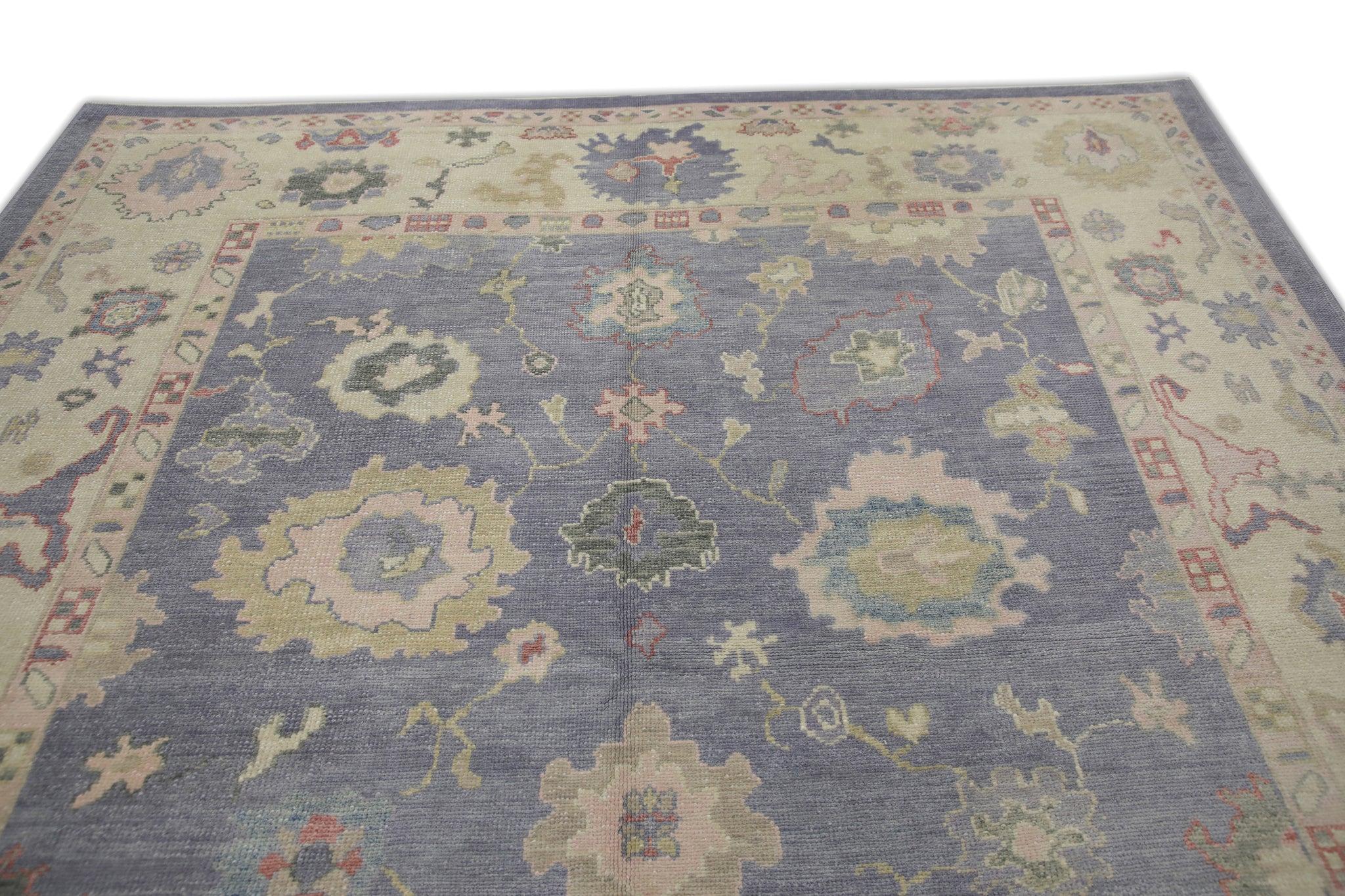 Alfombra turca Oushak de lana tejida a mano con diseño floral rosa y morado 8'5