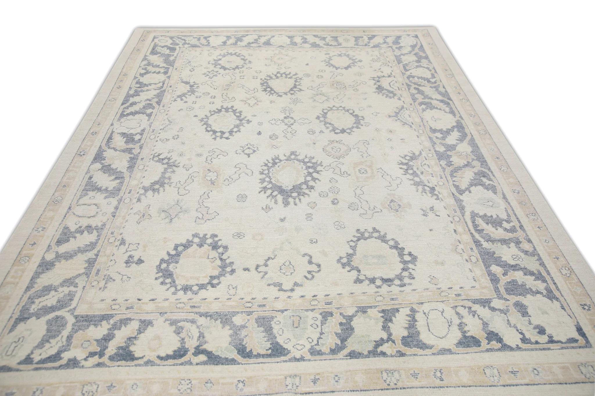 Contemporary Cream Handwoven Wool Turkish Oushak Rug in Blue Floral Pattern 8'11