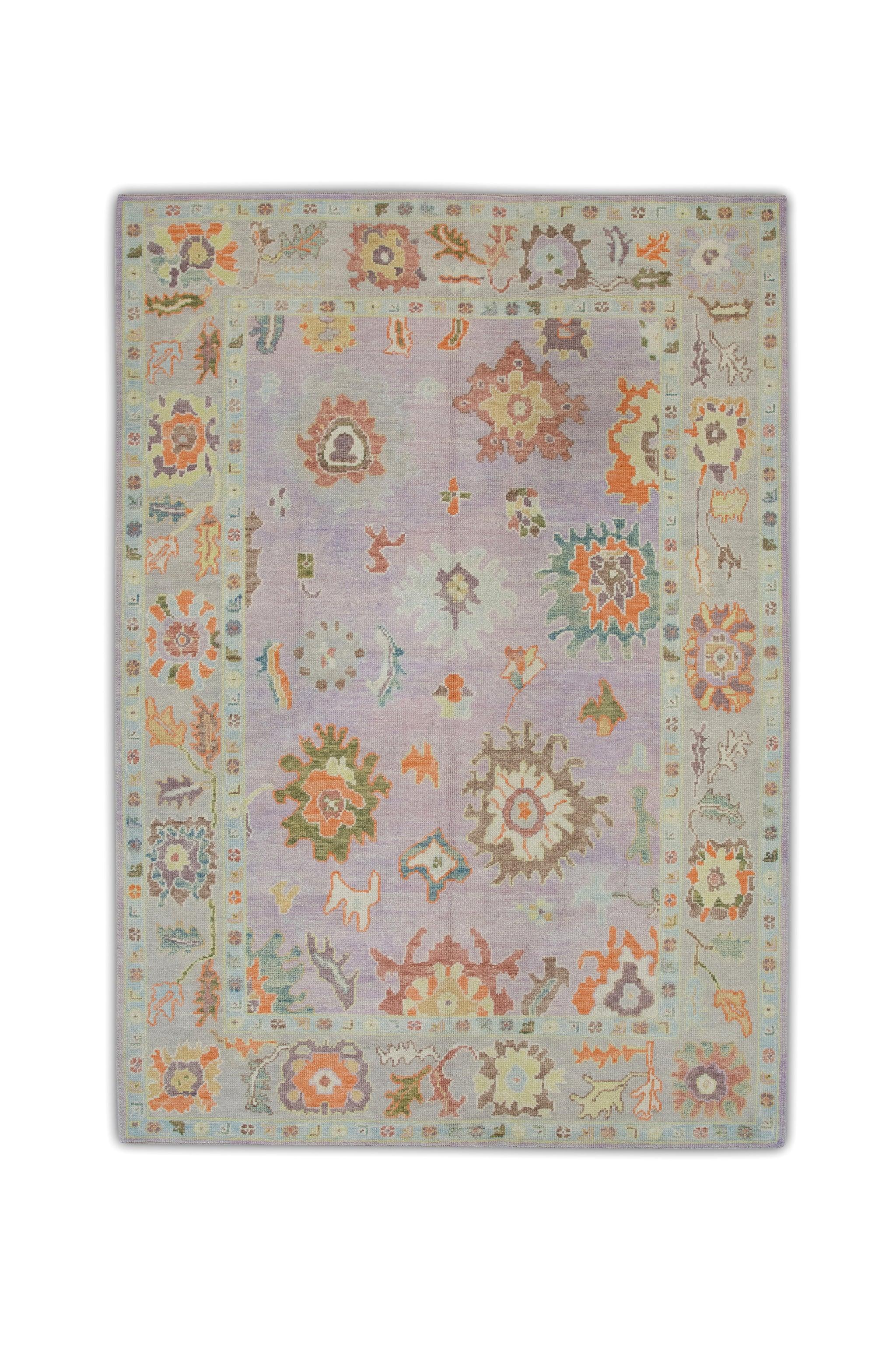 Contemporary Pink and Orange Floral Design Handwoven Wool Turkish Oushak Rug 6'2