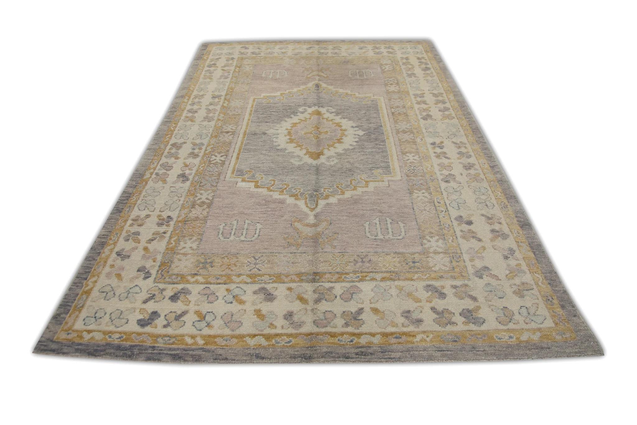 Contemporary Pink and Purple Medallion Design Handwoven Wool Turkish Oushak Rug 6' x 9'3