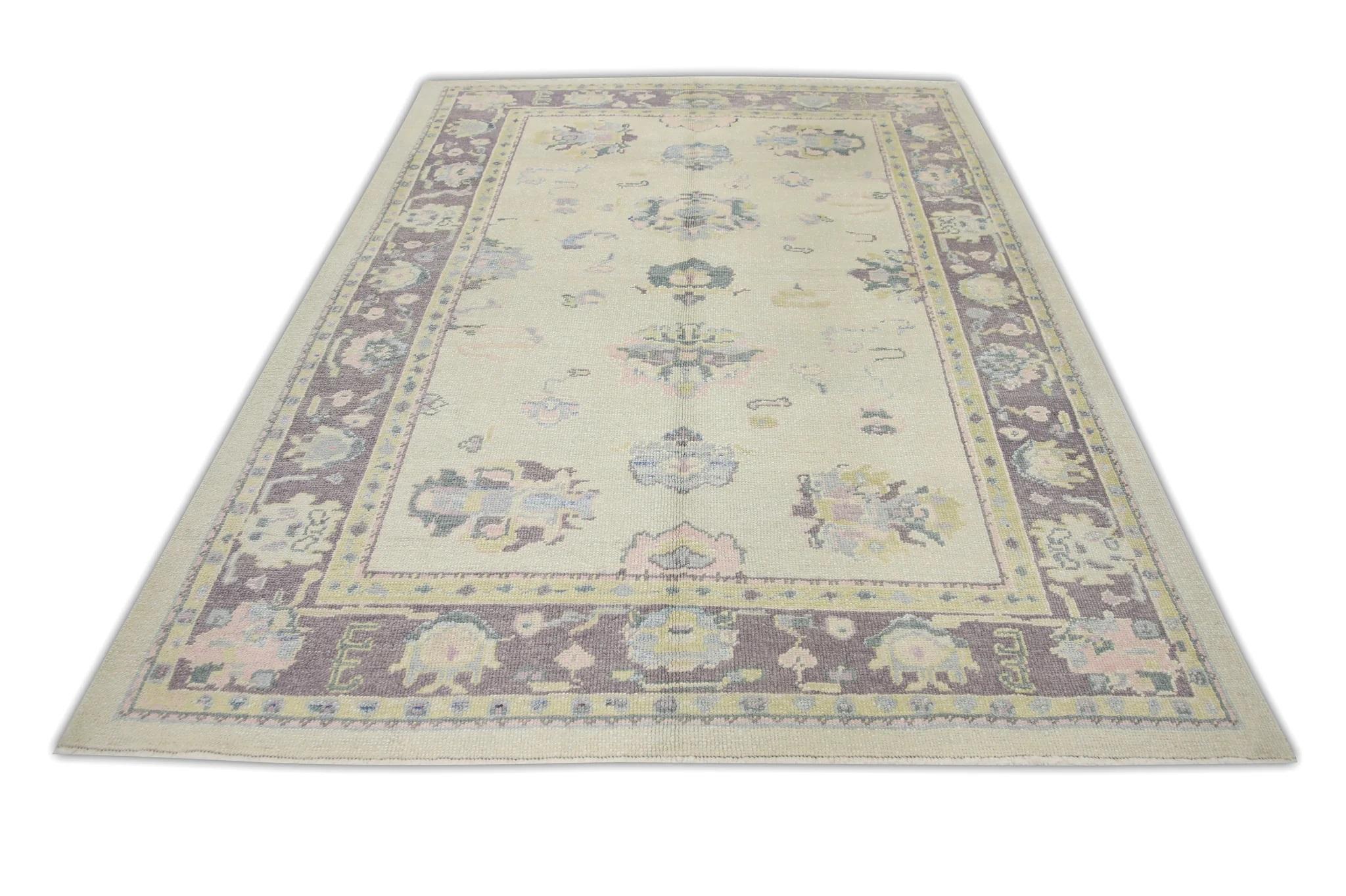 Contemporary Cream Handwoven Wool Turkish Oushak Rug in Purple Floral Design 6'7