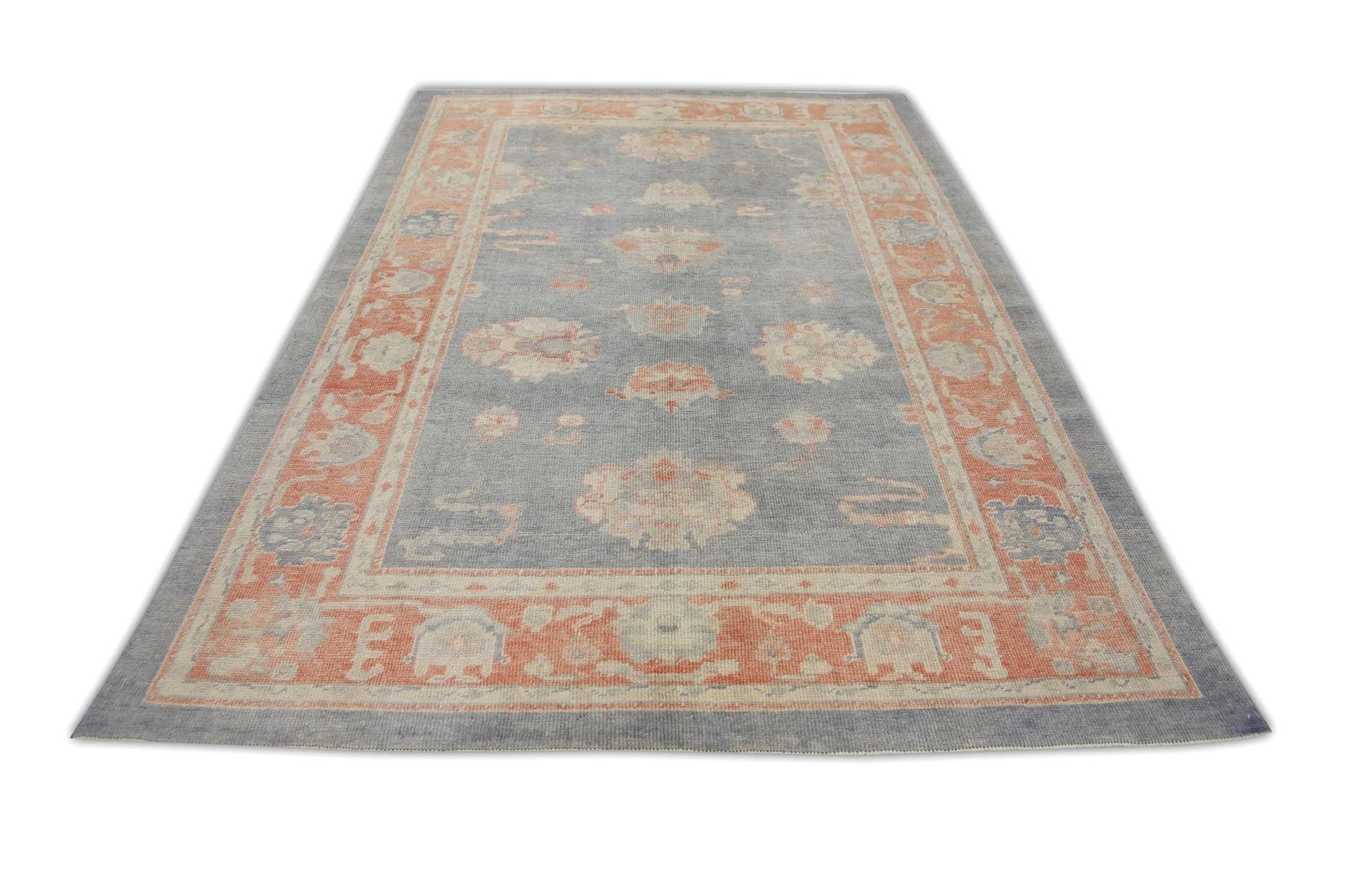Contemporary Handwoven Wool Turkish Oushak Rug in Red & Blue Floral Design 6'3