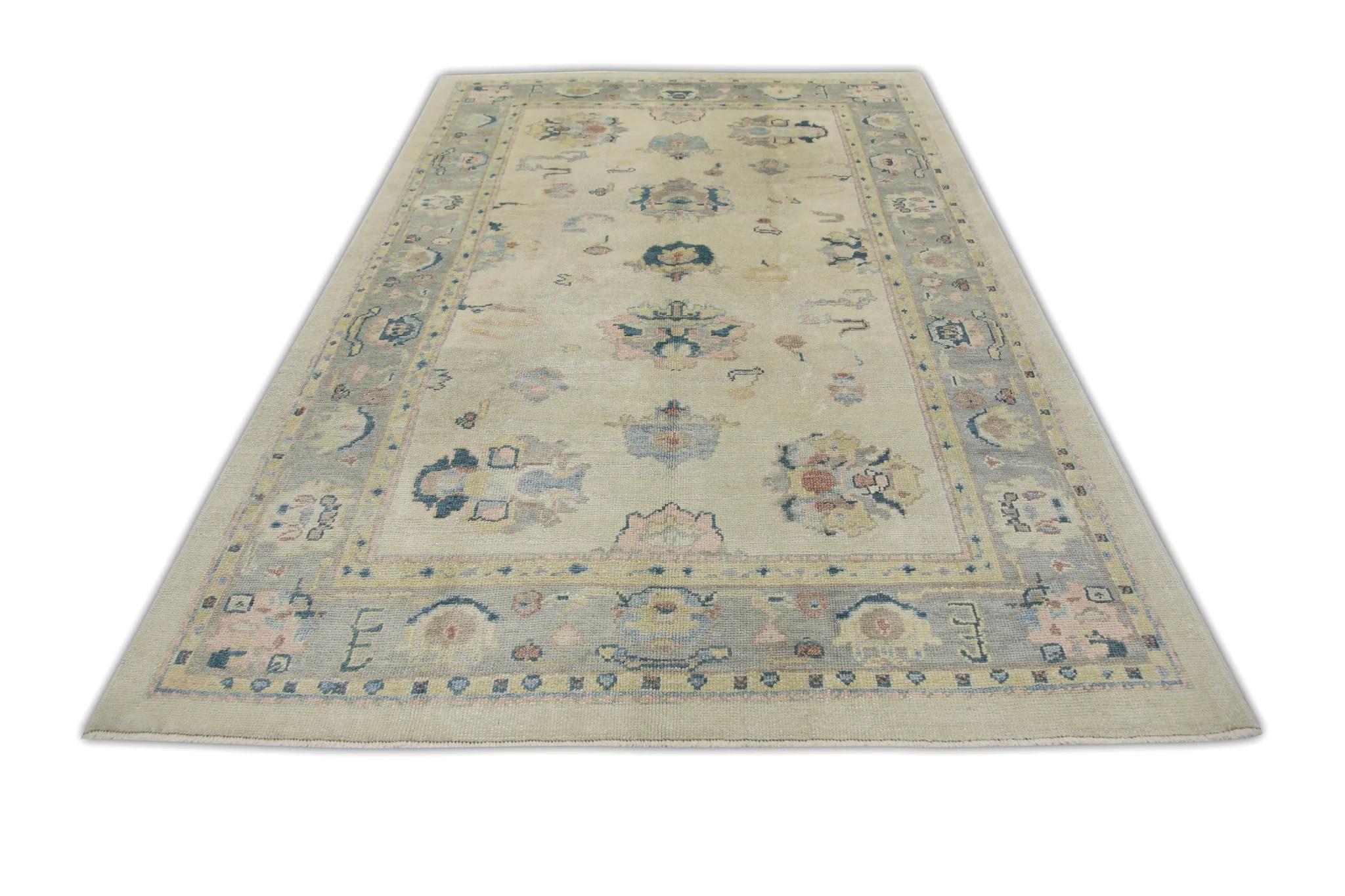 Contemporary Cream Handwoven Wool Turkish Oushak Rug in Pink & Blue Floral Design 6'1