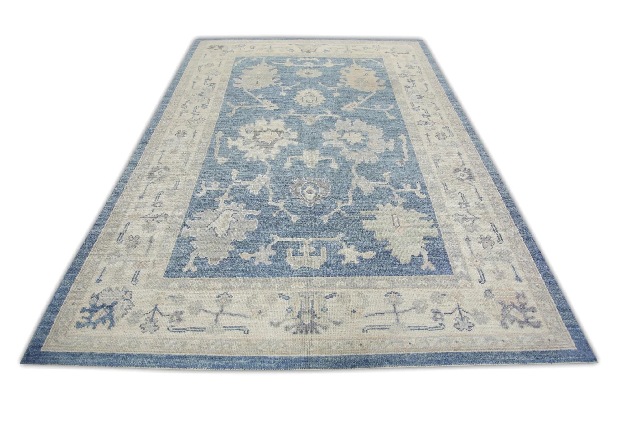 Alfombra Oushak Turca de Lana Tejida a Mano con Diseño Floral Azul 6'2