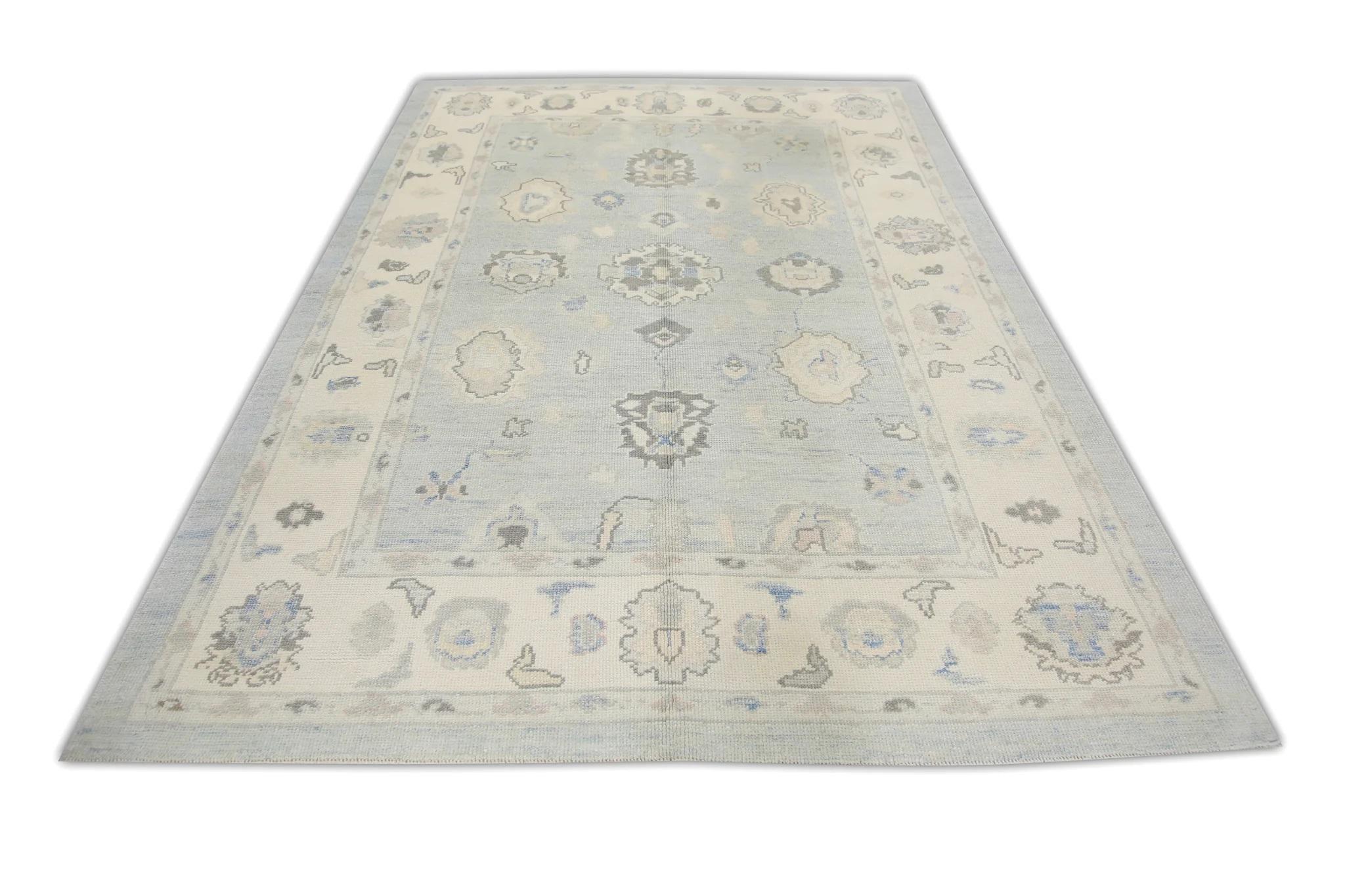 Contemporary Soft Blue & Brown Floral Design Handwoven Wool Turkish Oushak Rug 6'1