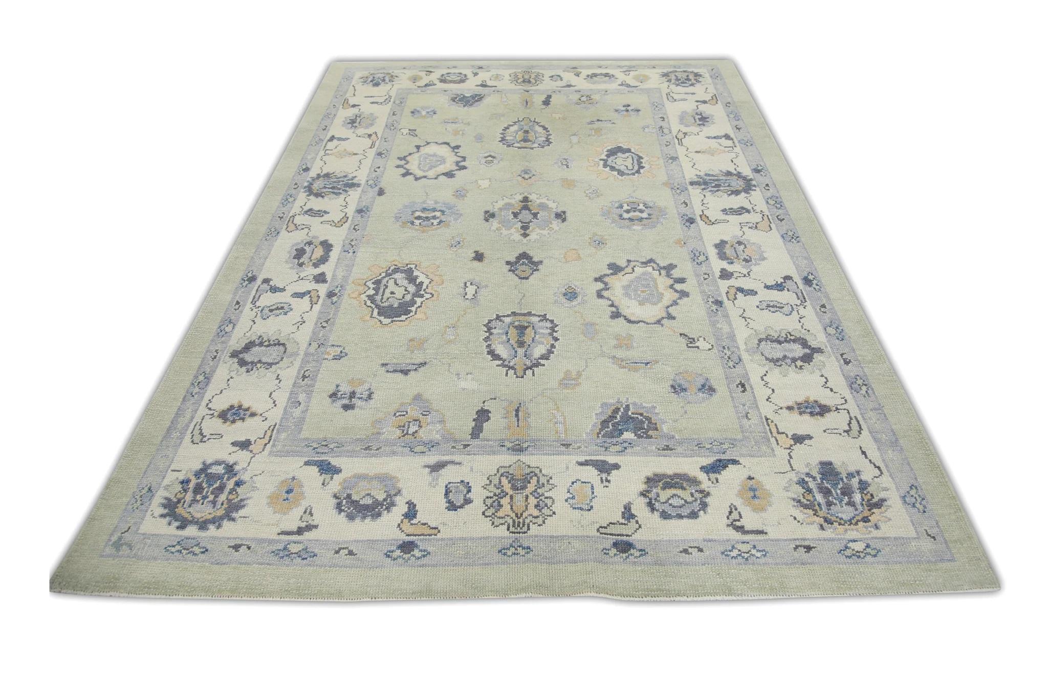 Contemporary Green and Blue Floral Design Handwoven Wool Turkish Oushak Rug 6'3