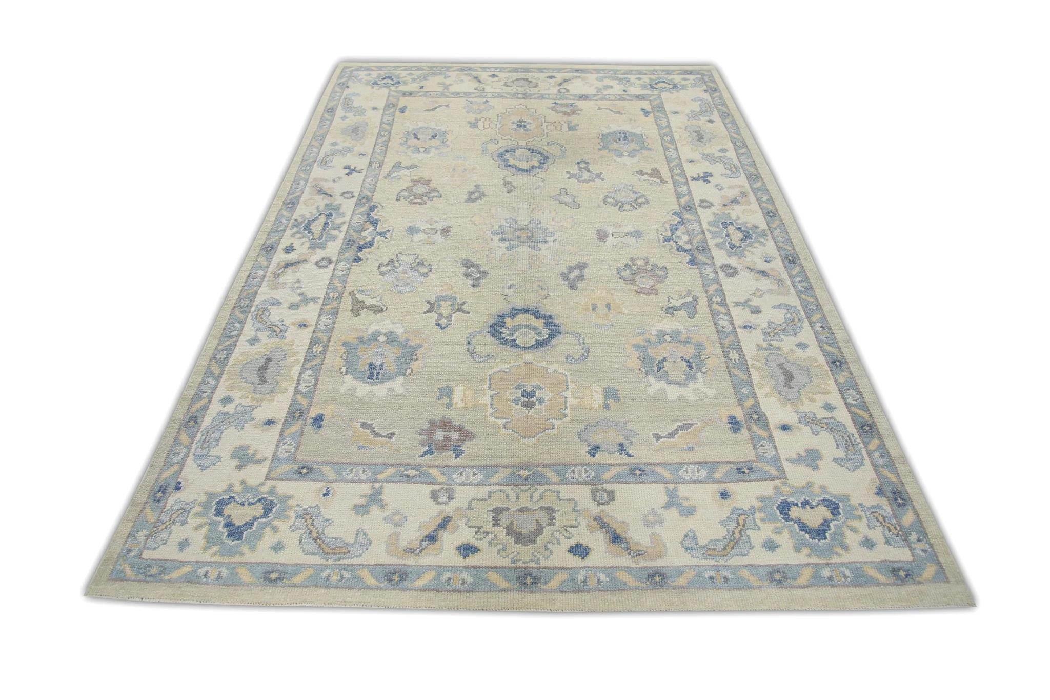 Contemporary Cream Handwoven Wool Turkish Oushak Rug in Blue Floral Design 6' x 8'10