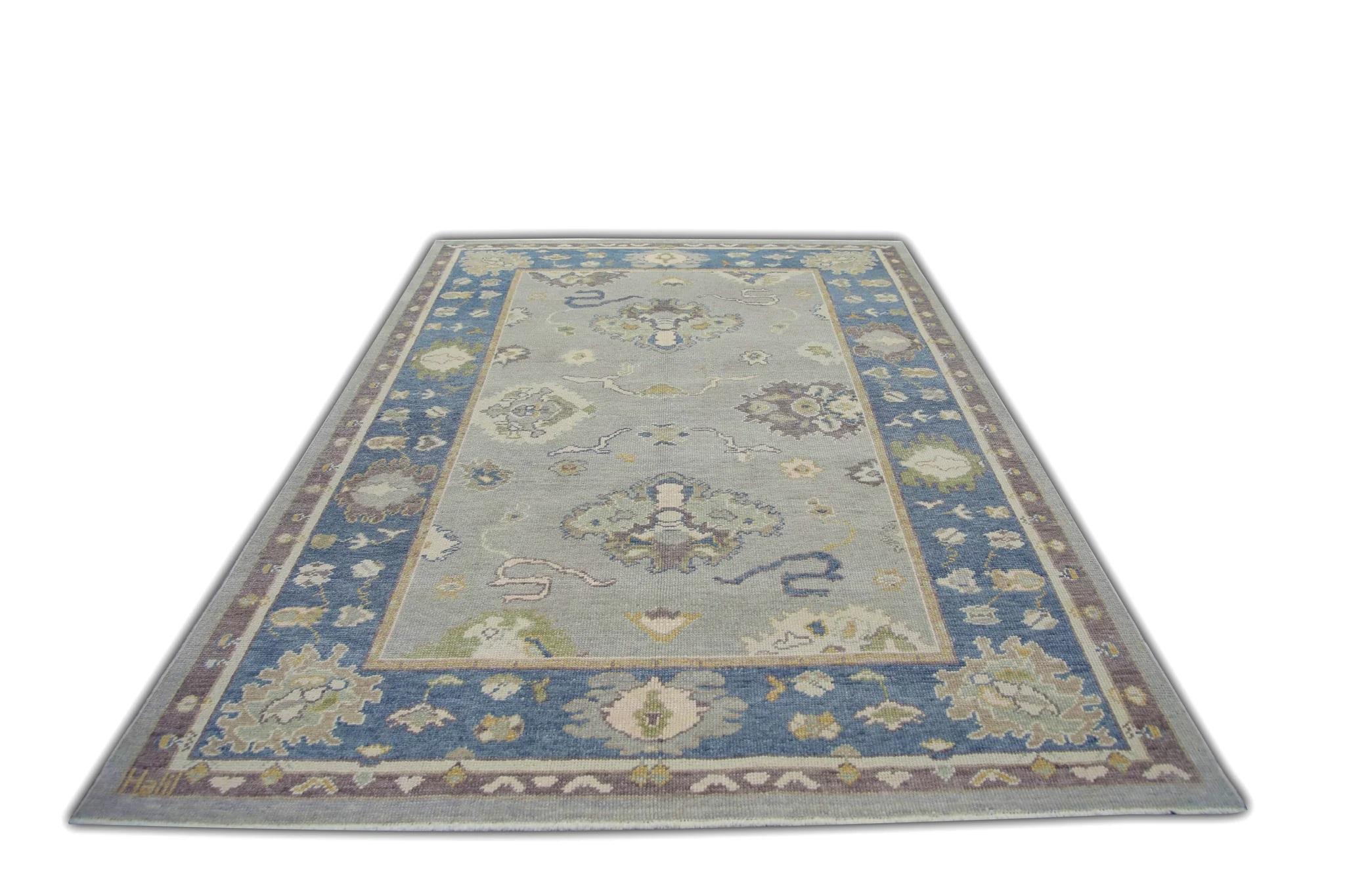 Contemporary Blue and Purple Floral Handwoven Wool Turkish Oushak Rug 6'4