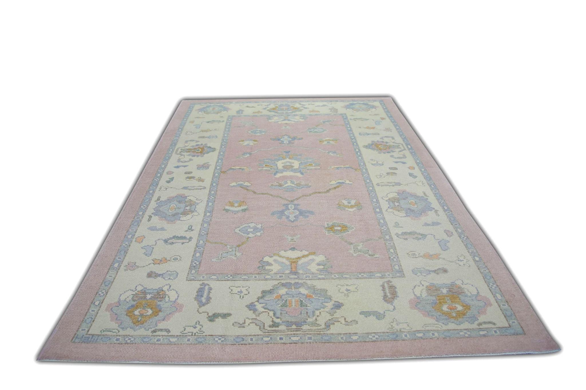Contemporary Pink and Blue Handwoven Wool Floral Design Turkish Oushak Rug 6'5