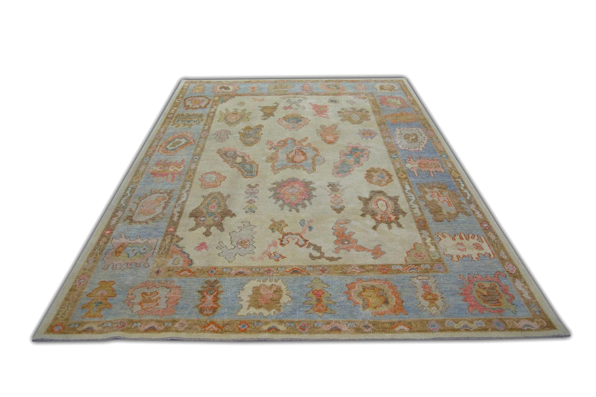 Contemporary Blue and Pink Floral Design Handwoven Wool Turkish Oushak Rug 6'2