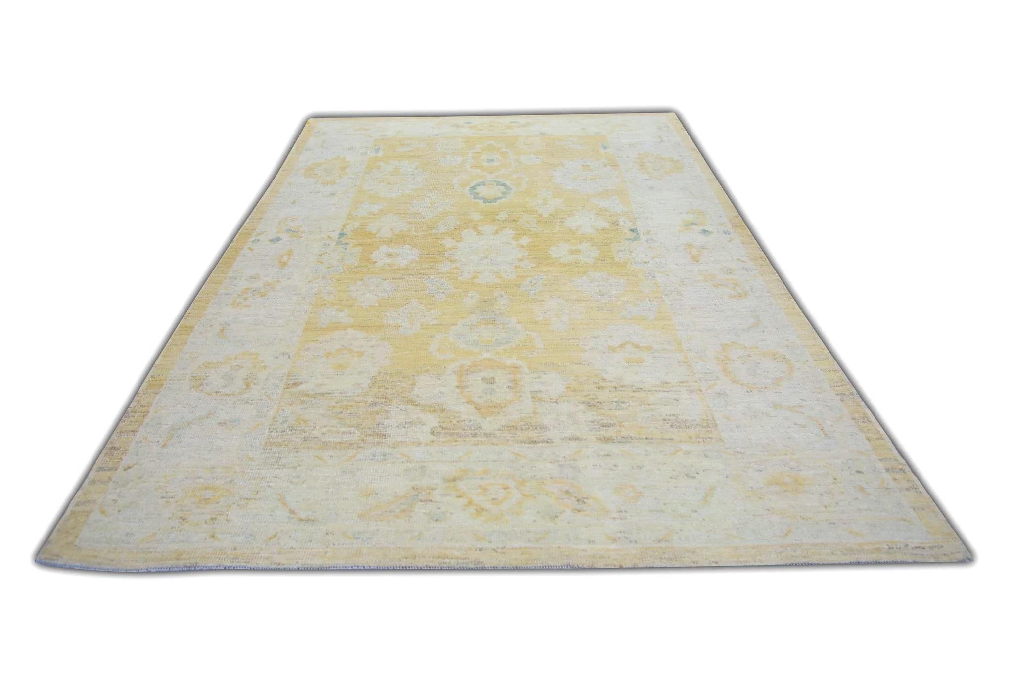 Contemporary Yellow Floral Design Handwoven Wool Turkish Oushak Rug 5'10