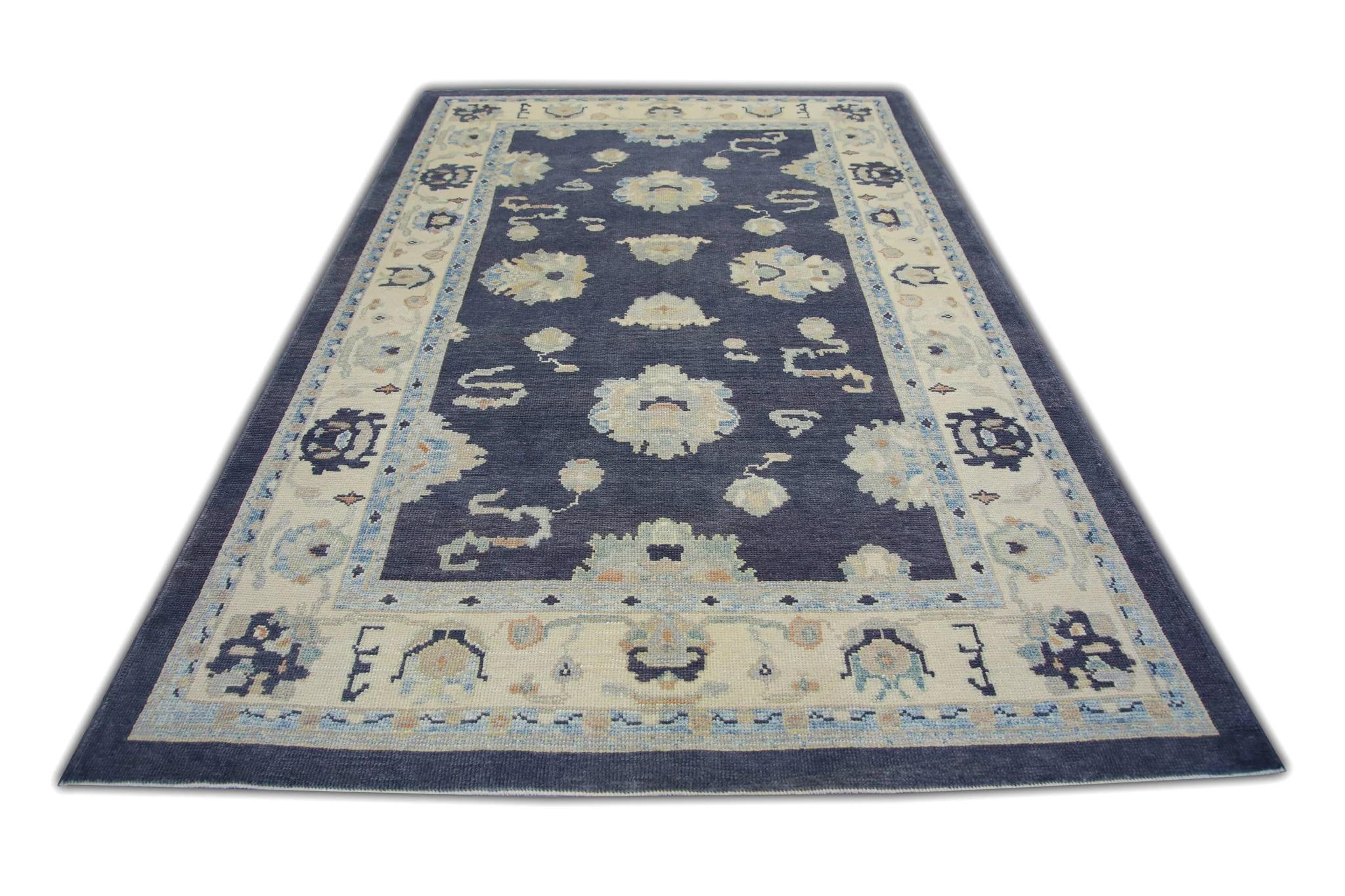 Contemporary Dark Blue Floral Design Handwoven Wool Turkish Oushak Rug 6' x 9'2