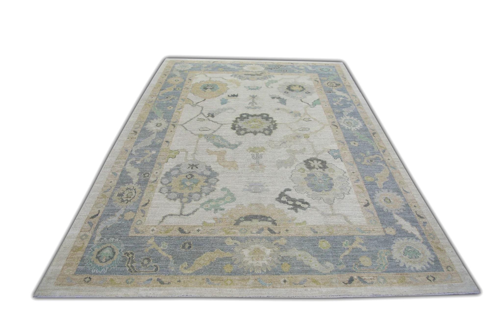 Contemporary Blue Multicolor Handwoven Wool Turkish Oushak Rug in Floral Design 6'1