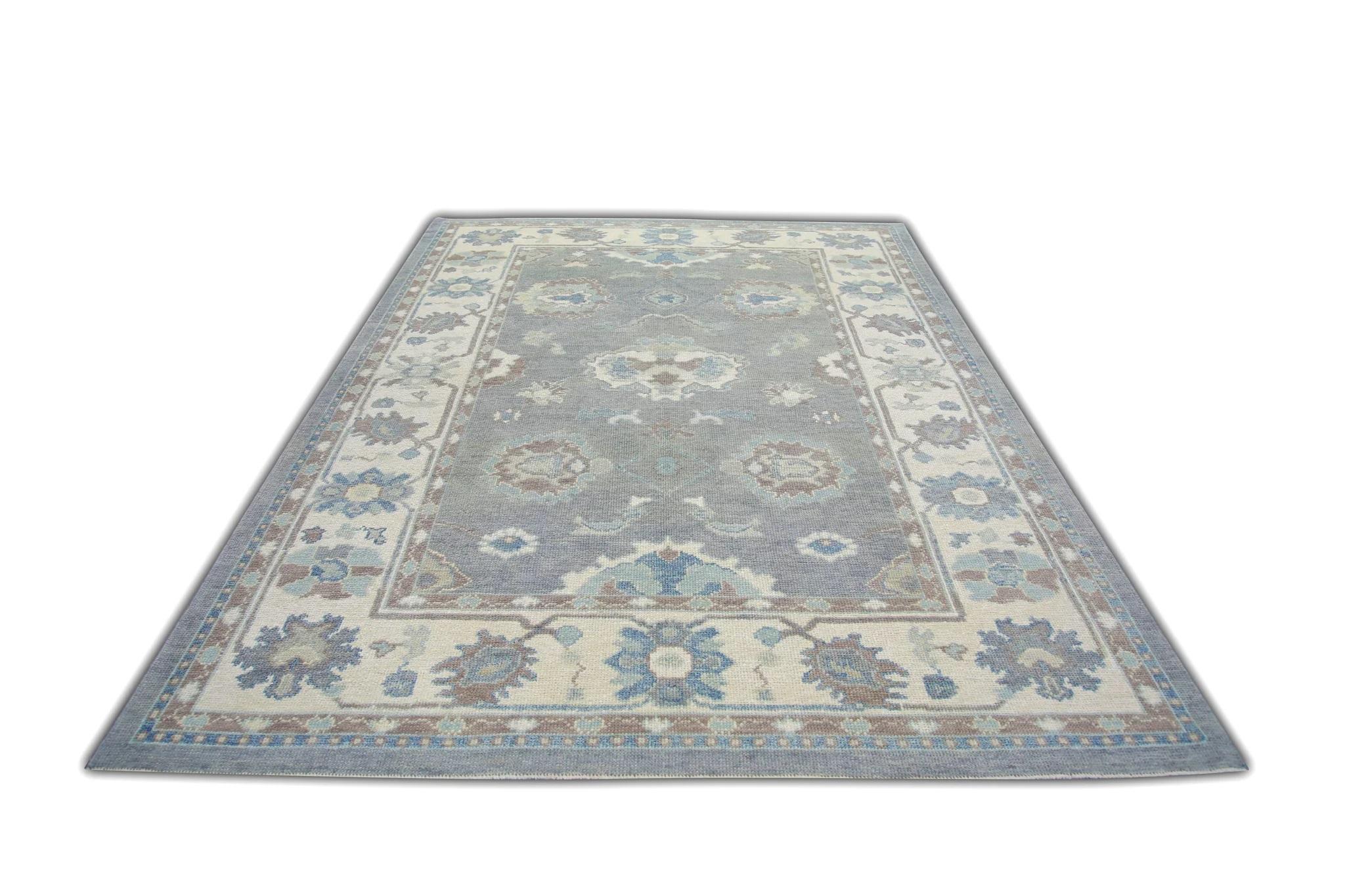 Contemporary Blue Handwoven Wool Turkish Oushak Rug in Mauve Floral Design 6'6