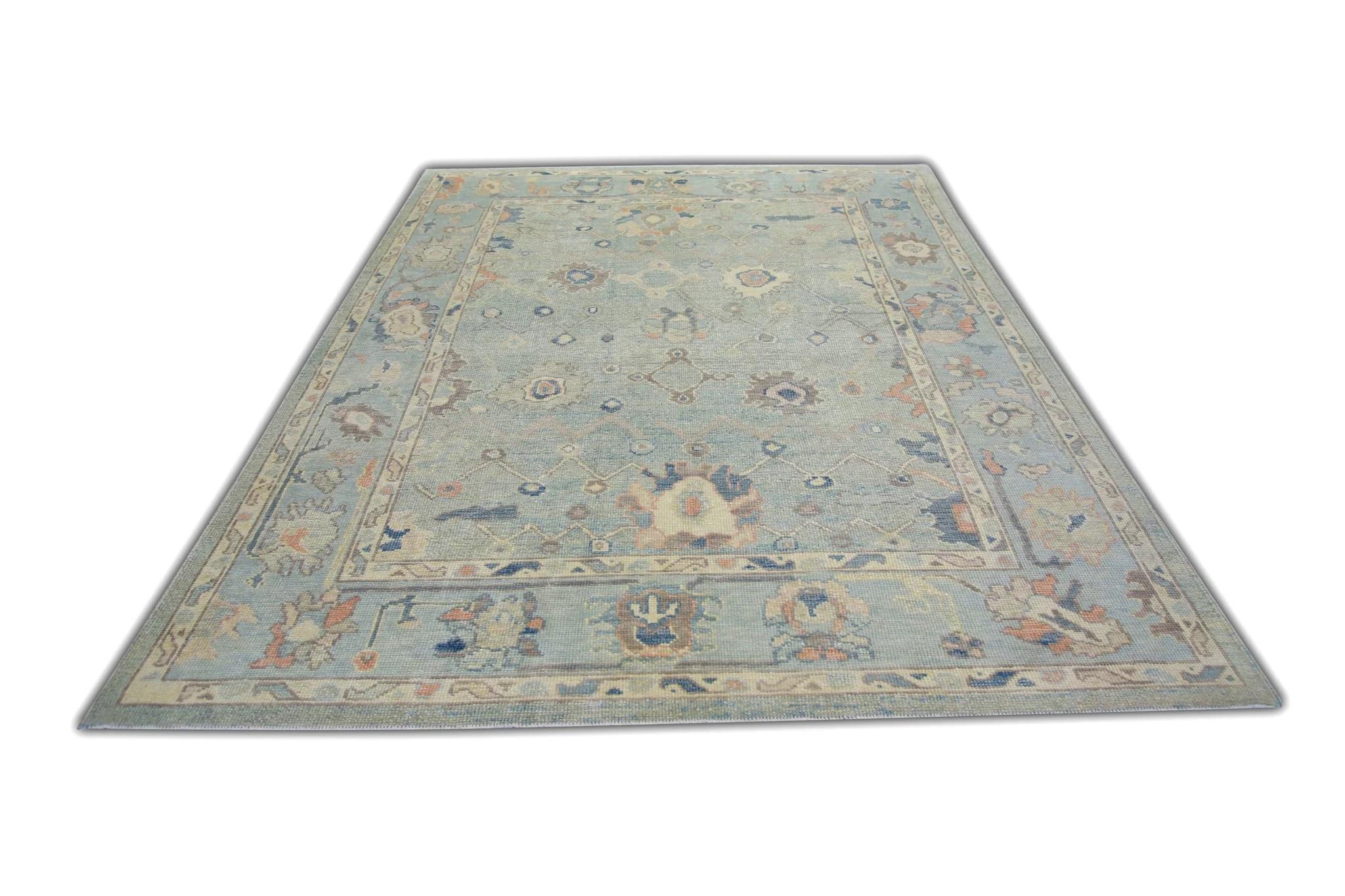 Contemporary Blue and Salmon Handwoven Wool Turkish Oushak Rug in Floral Design 6'5