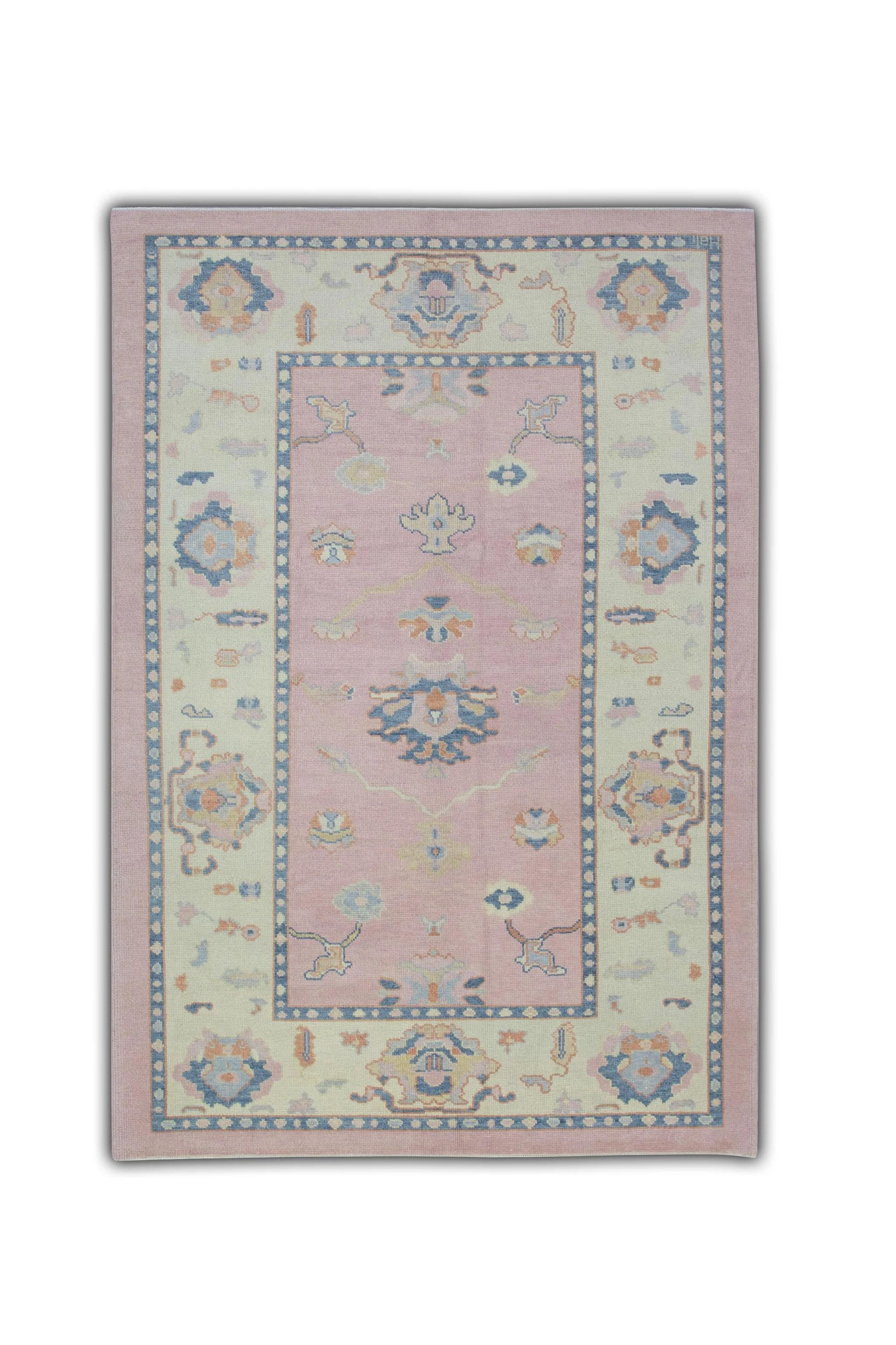 Pink and Blue Floral Design Handwoven Wool Modern Turkish Oushak Rug 6'4